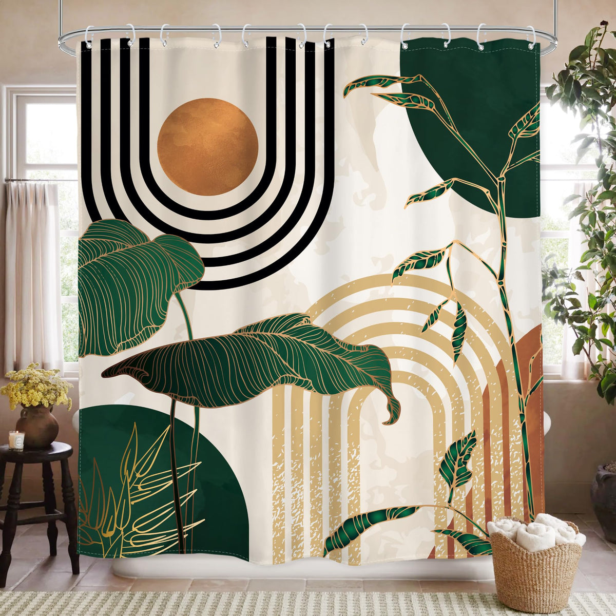 Glawry Green Abstract Mid Century Shower Curtain Boho Retro Tropical Palm Tree Sun Arch Minimalist Modern Bathroom Aesthetic Geo