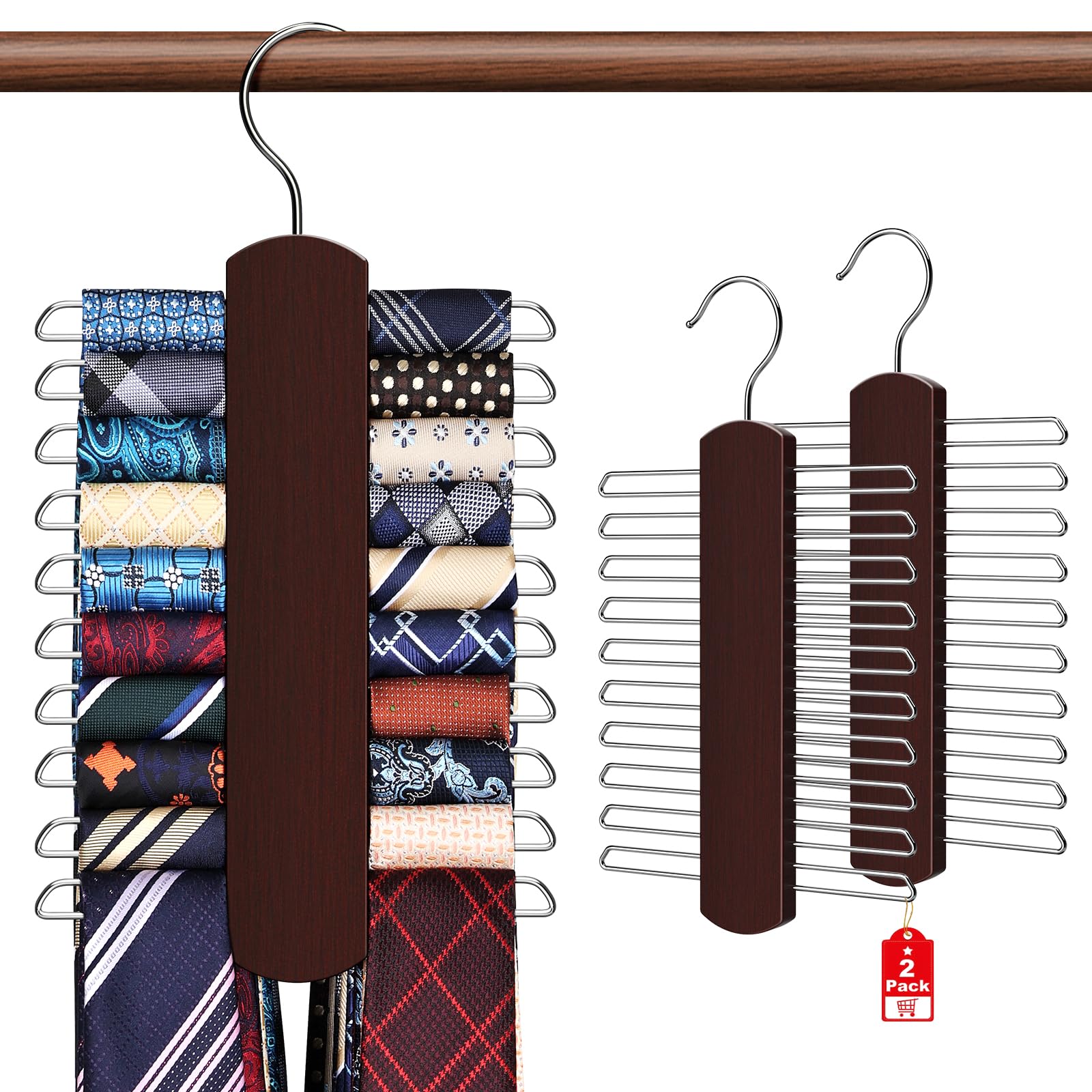 2 Pack Tie Rack For Closet, Premium Wooden Necktie Organizer Storage Tie/Belt Hanger, 360 Degree Swivel Space Saving Ties Holder