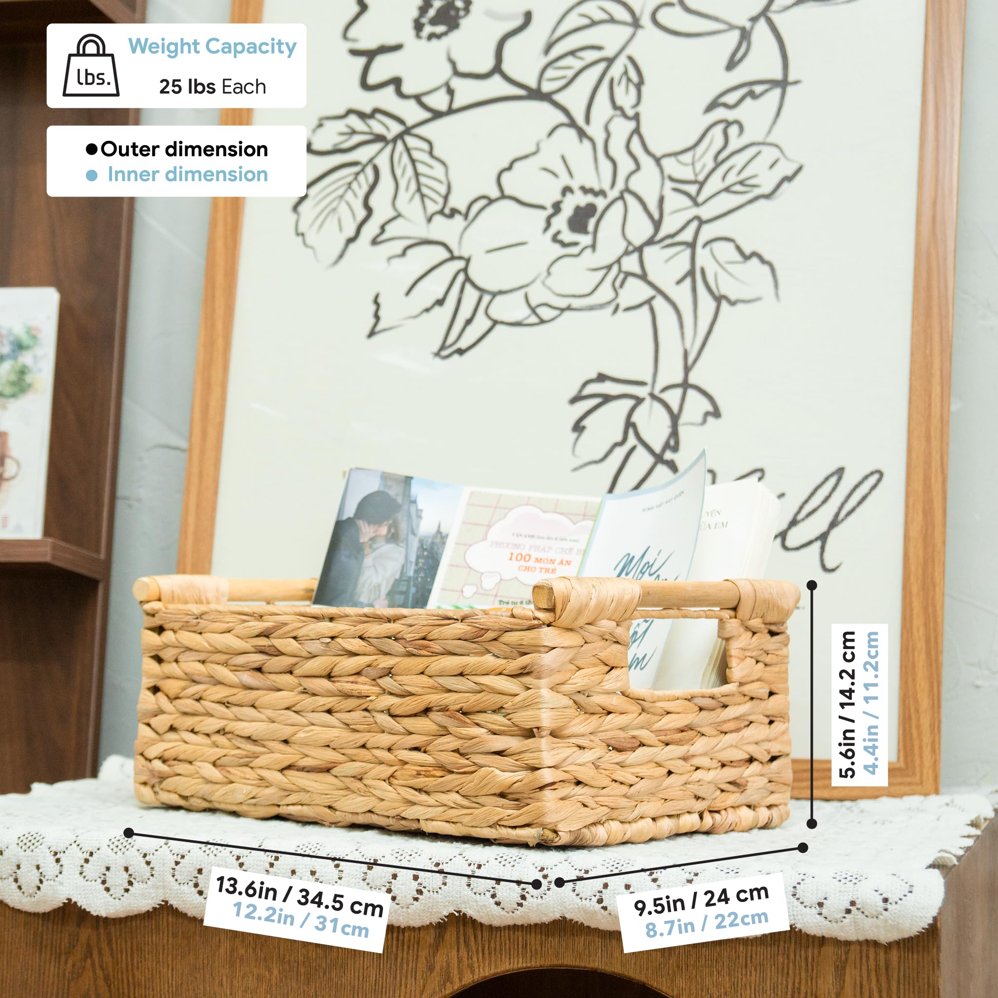 VATIMA Hyacinth Medium Wicker Basket 13.6x9.5x5.6'' - With Handle  Living Room Decor  Rectangular Design