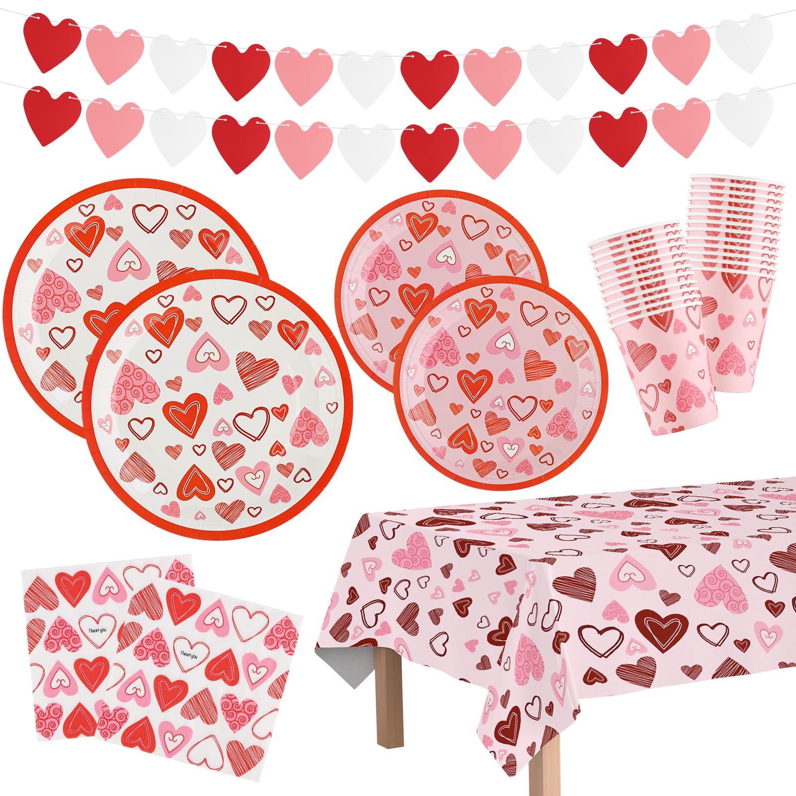 Arosche Valentines Day Decorations Party Supplies Set For 25-Disposable Paper Plates, Napkins, Cups, Tablecloth & Garlands Happy