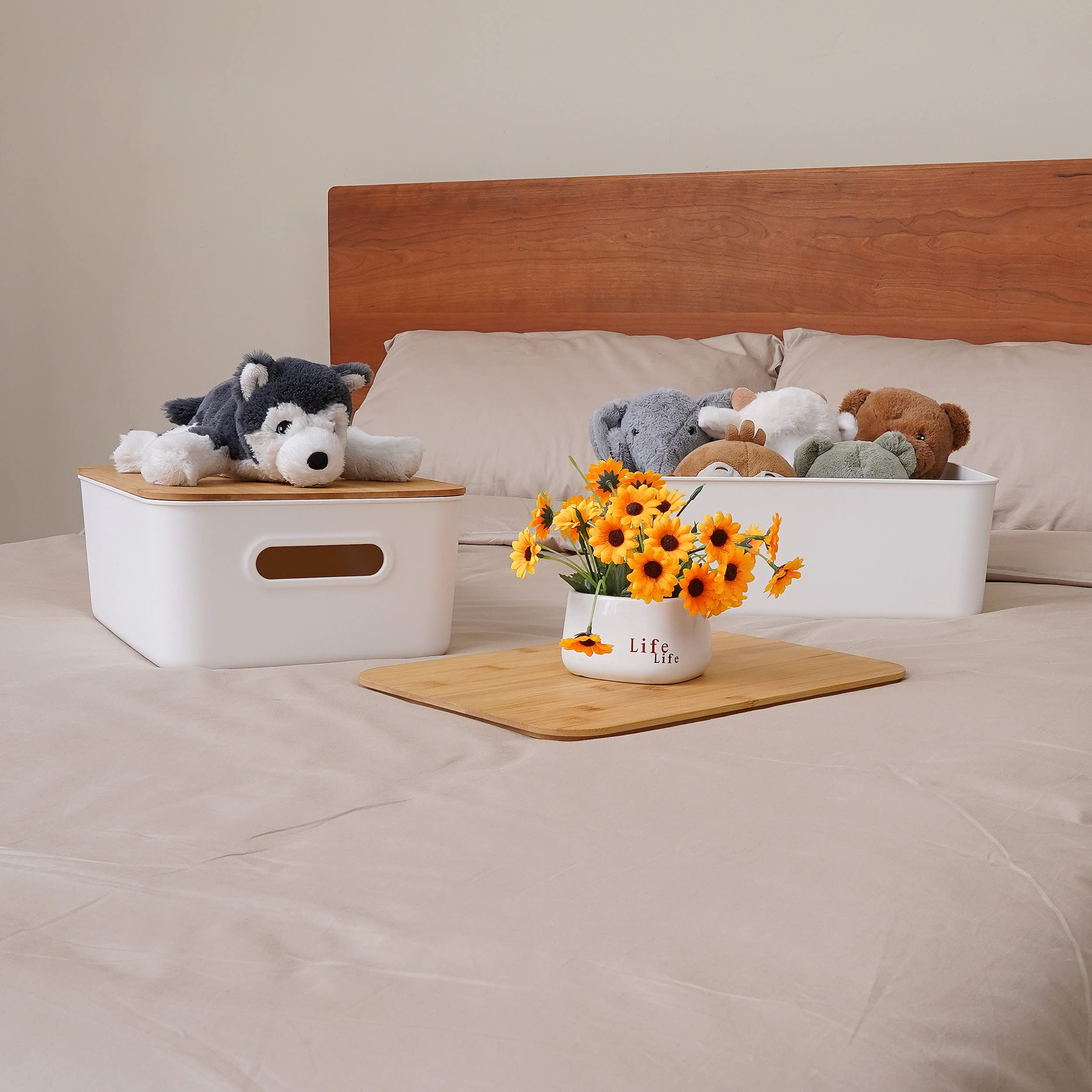 Citylife 2 Pcs Storage Bins With Bamboo Lids Plastic Storage Containers For Organizing Stackable Storage Box With Handle, 15.16