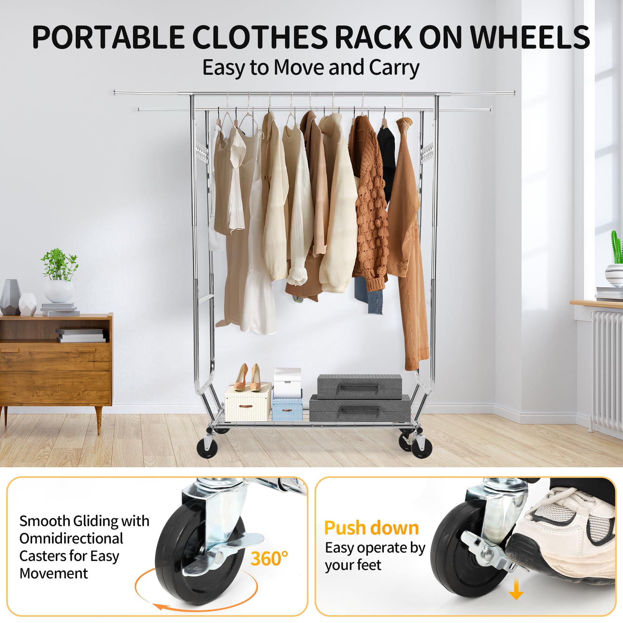 Rengue Heavy Duty Rolling Clothing Rack, 610LBS Capacity, Portable Stainless Steel, Silver, Model RG-RGR01, Commercial Garment Rack