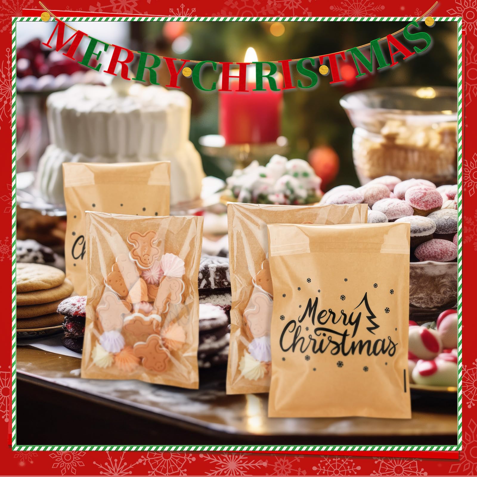 MotiMind 100 Pcs Clear Merry Christmas Cookie Bags Front Paper Self Adhesive Gift Bags Xmas Kraft Paper Treat Candy Container fo