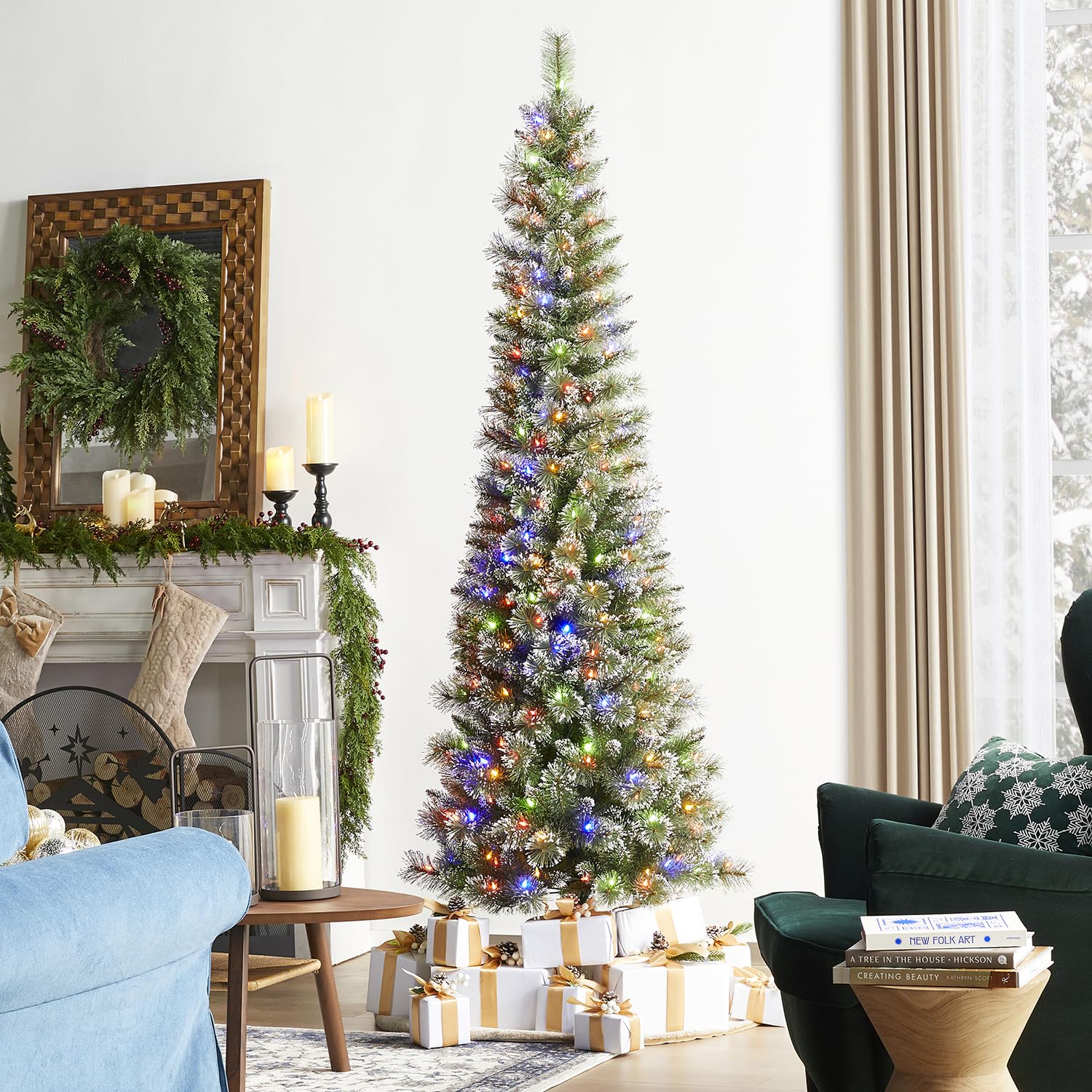 Glitzhome 7.5ft Prelit Christmas Tree, Artificial Christmas Tree, Hinged Pencil Christmas Trees Portland Cashmere Pine with 250 