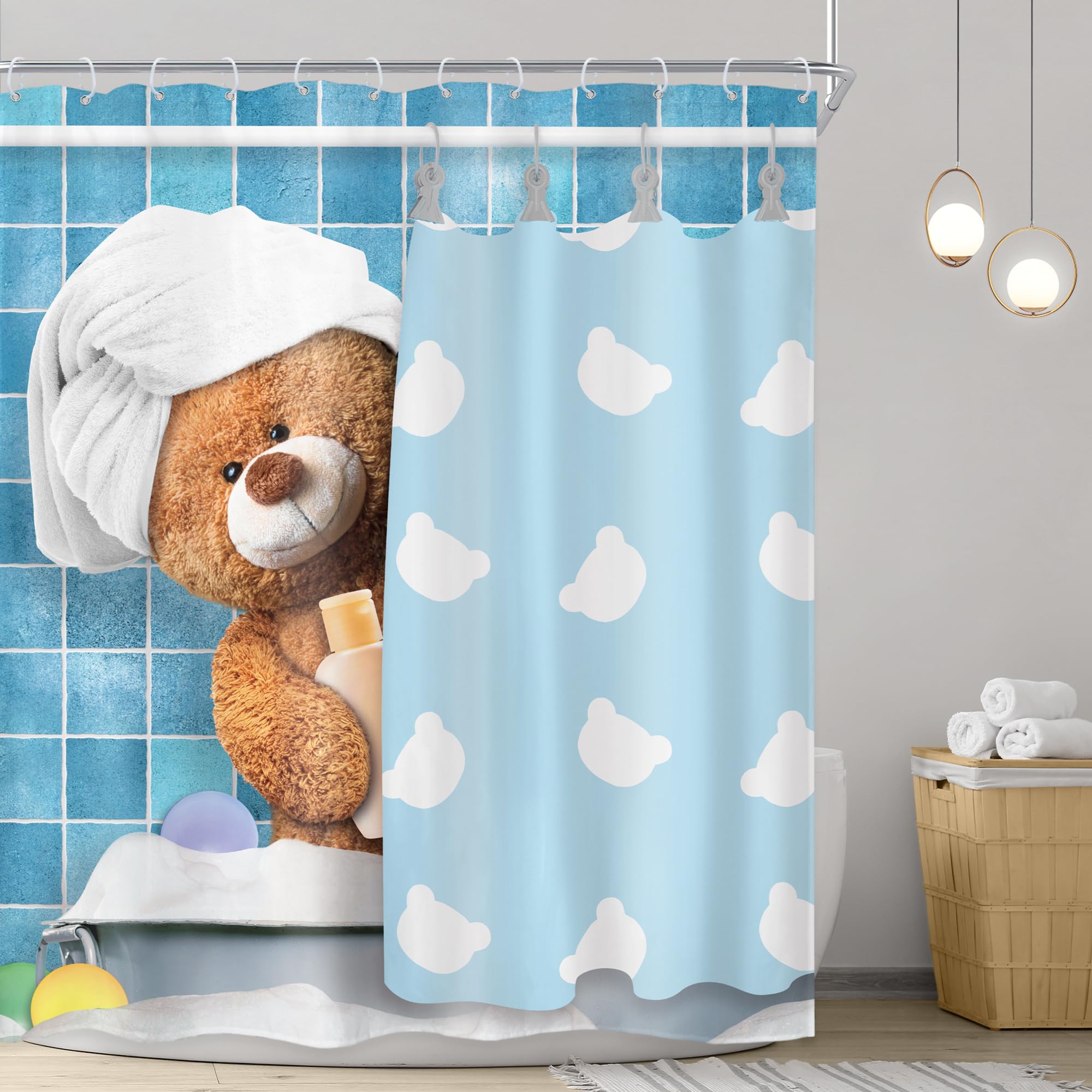Riyidecor Funny Bear Shower Curtain 60Wx72H Inch Kids Cute Cartoon Blue Bathing Animal In Bathtub Bubbles Lovely Modern For Boys