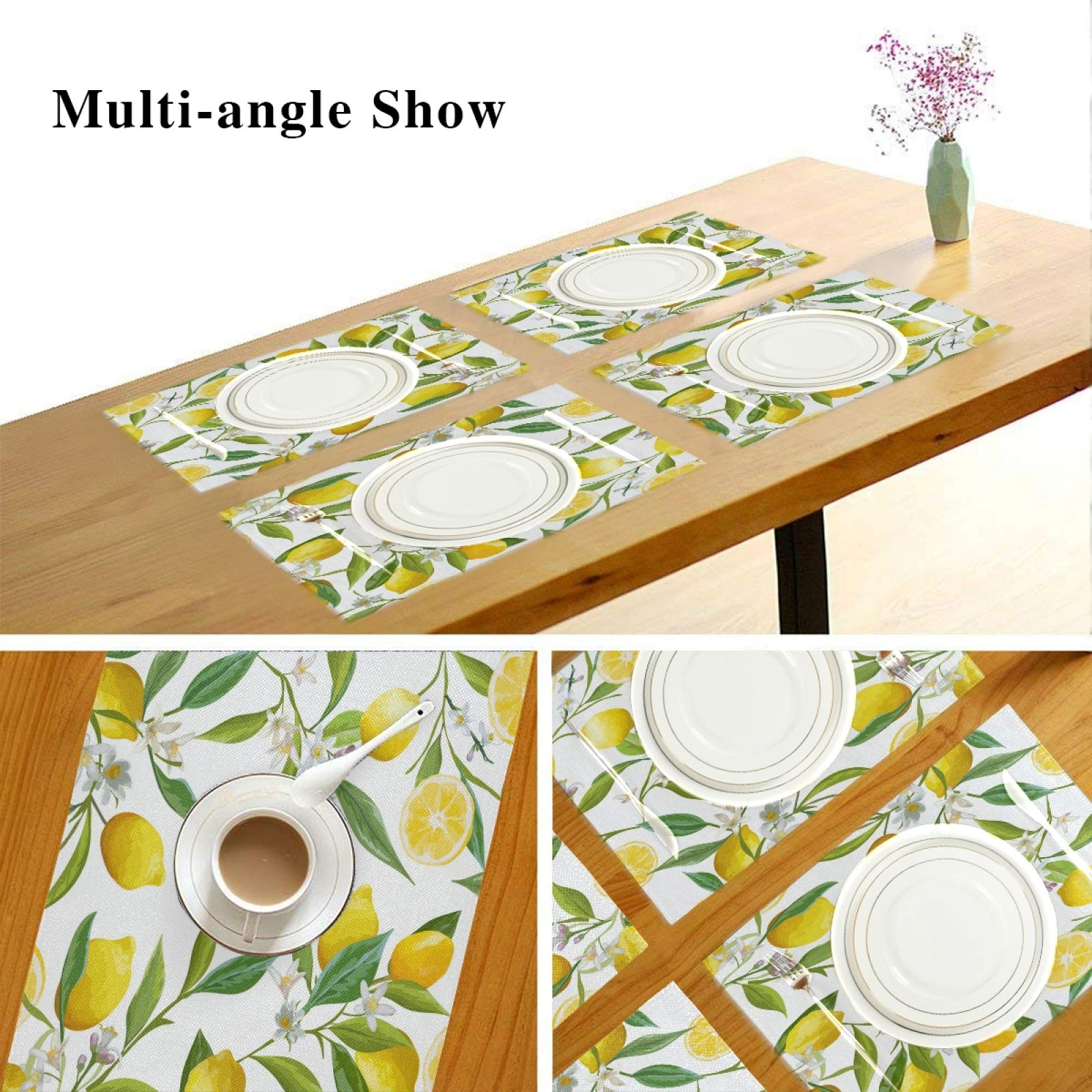 Lemon Flowers Placemats Set Of 6 Washable Non-Slip Burlap Table Mats Heat Resistant Place Mats For Home Kitchen Dining Party 12