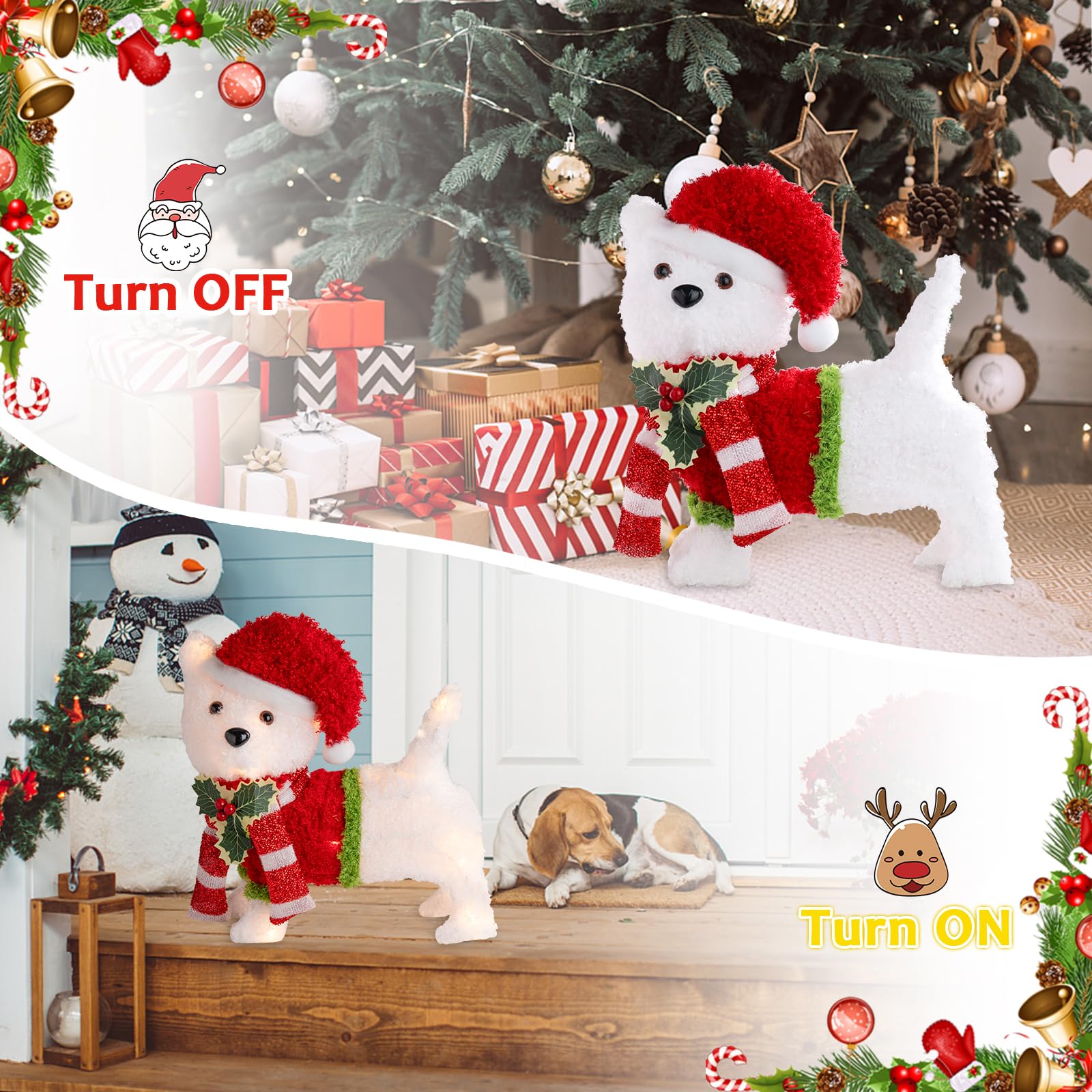 Christmas Lighted Dog Decoration Pre-lit 3D Glittered Fluffy Puppy Battery Operated Lighted Up Standing Ornament Outdoor Indoor