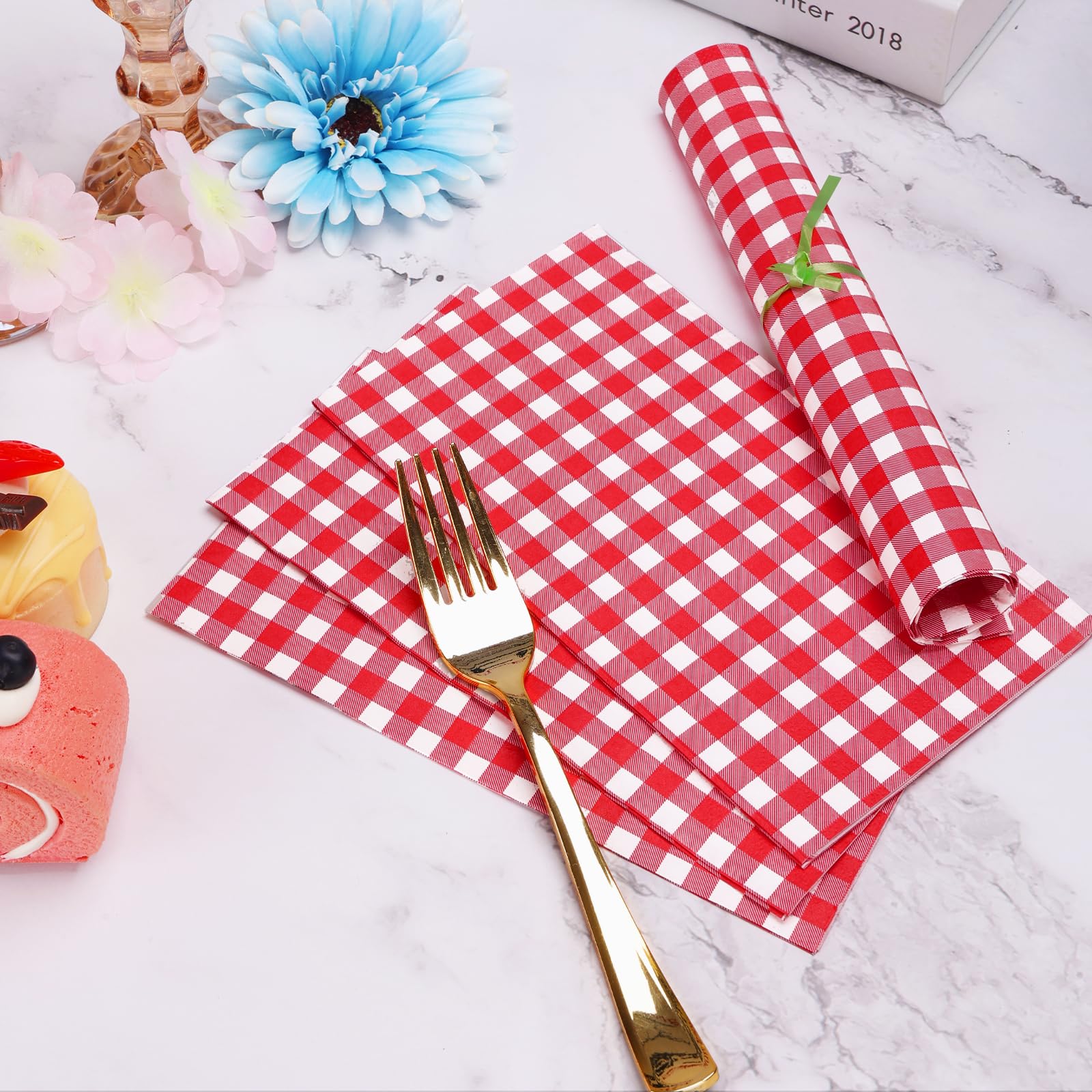 100 Pcs Red Gingham Napkins Disposable - Red And White Checkered Paper Napkins Red Dinner Napkins For Picnic Bathroom Birthday W