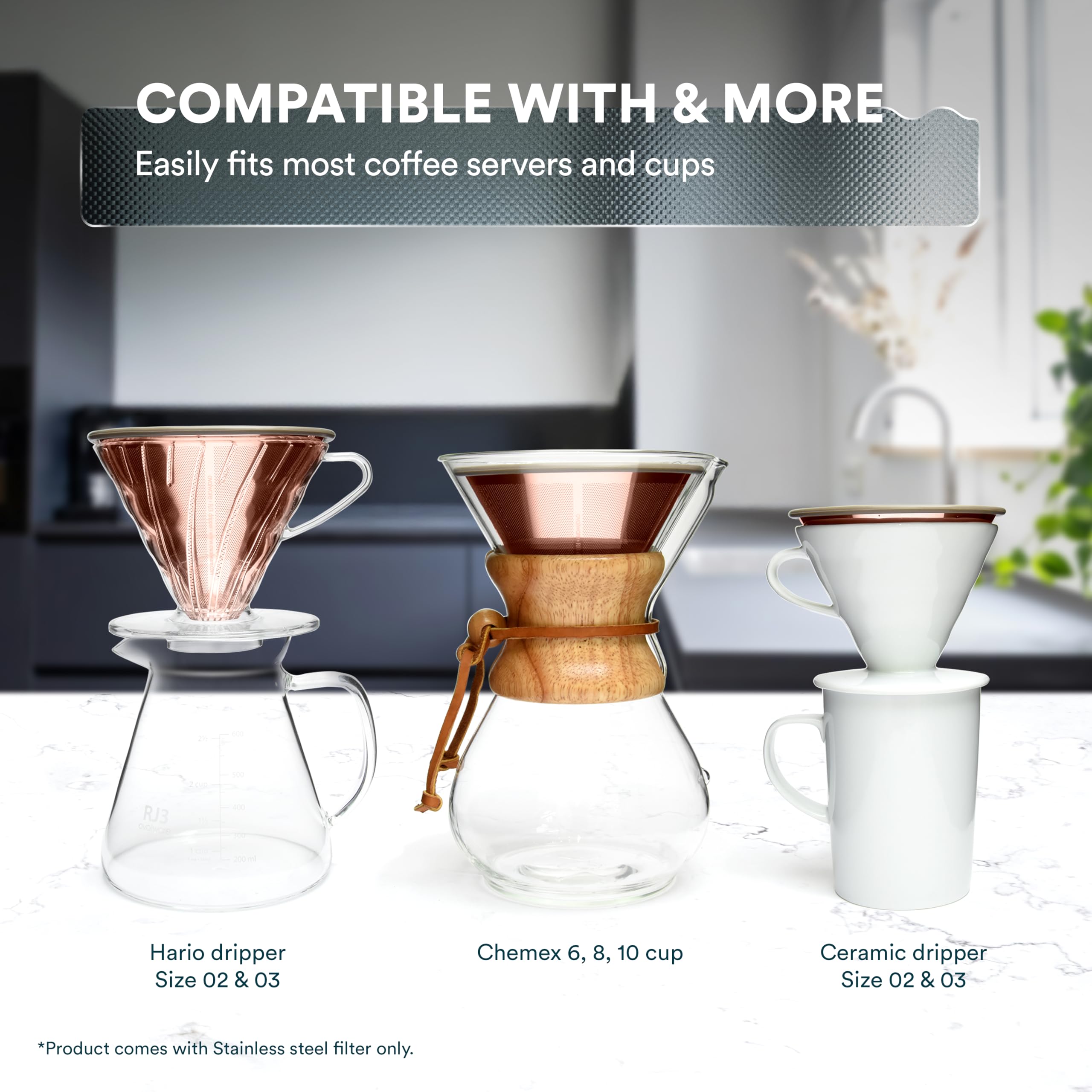 OVALWARE Paperless Stainless Steel Pour Over Coffee Filter - Reusable and Permanent Coffee Cone Dripper for Ovalware  Chemex  Hario and Other Carafes (Titanium Rose Gold)