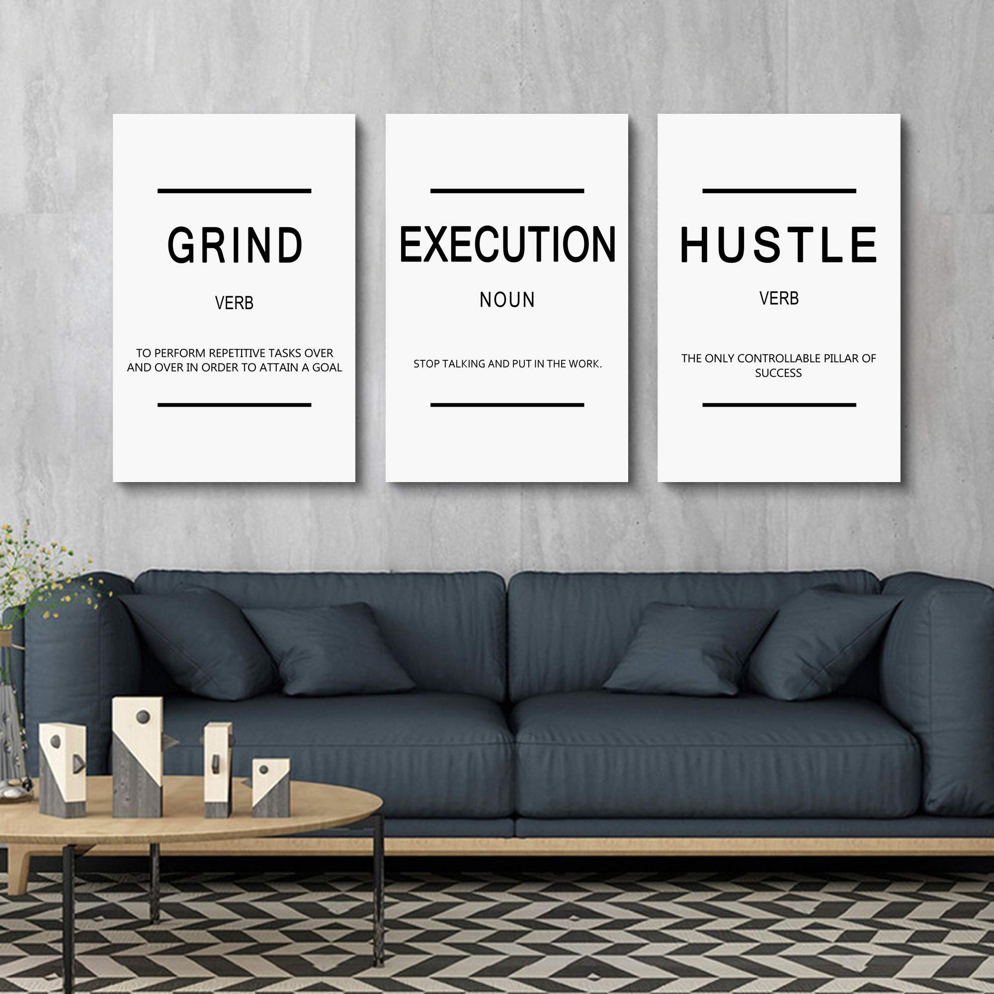 Framed Canvas Wall Art Success Quote - Office Wall Art, White Large Poster, Positive Motivational Set Of 3 Prints, Execute Grand