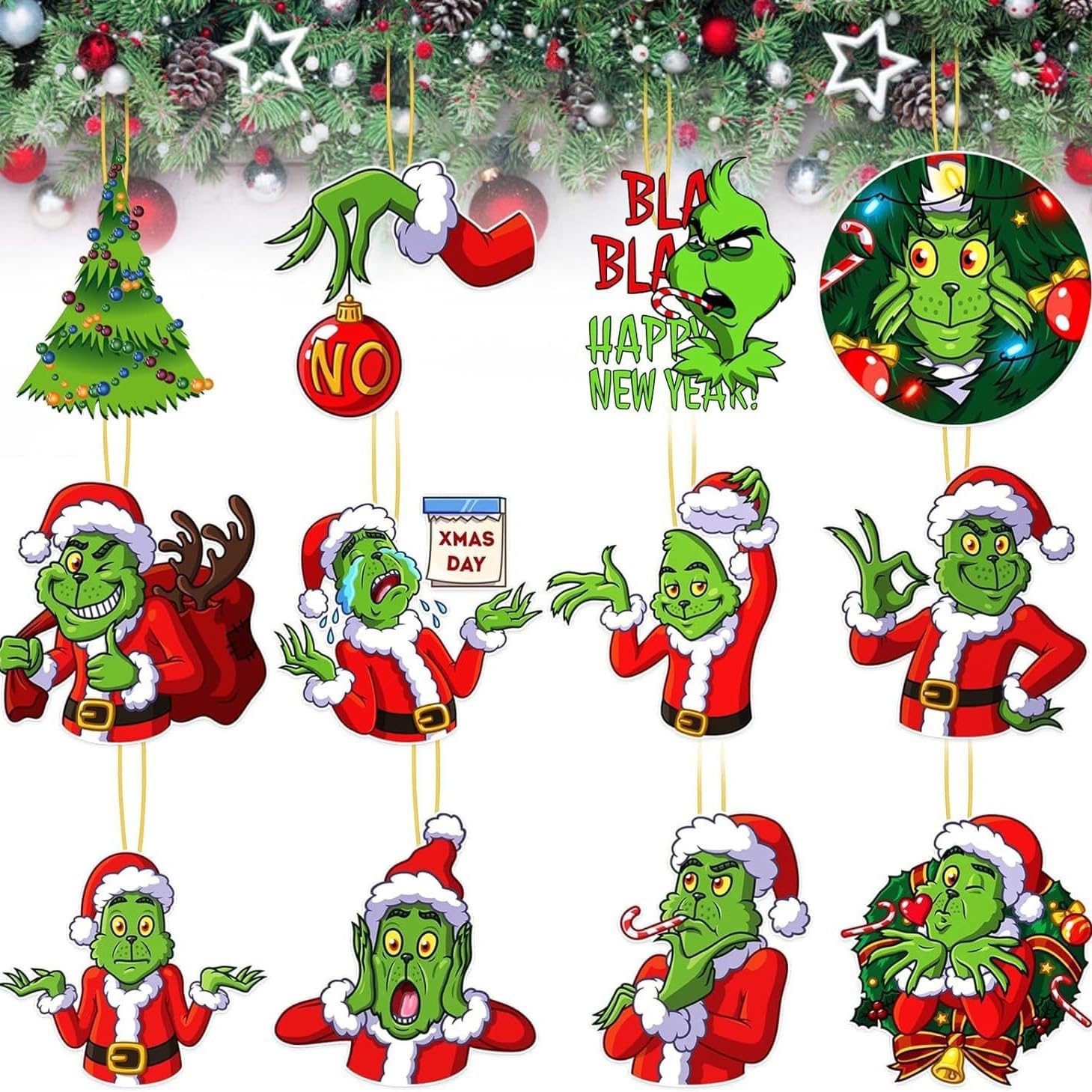 Grinch Christmas Ornaments for Christmas Tree Decorations 24 pcs Green Monster Wooden Hanging Ornament for Home Xmas Holiday Par