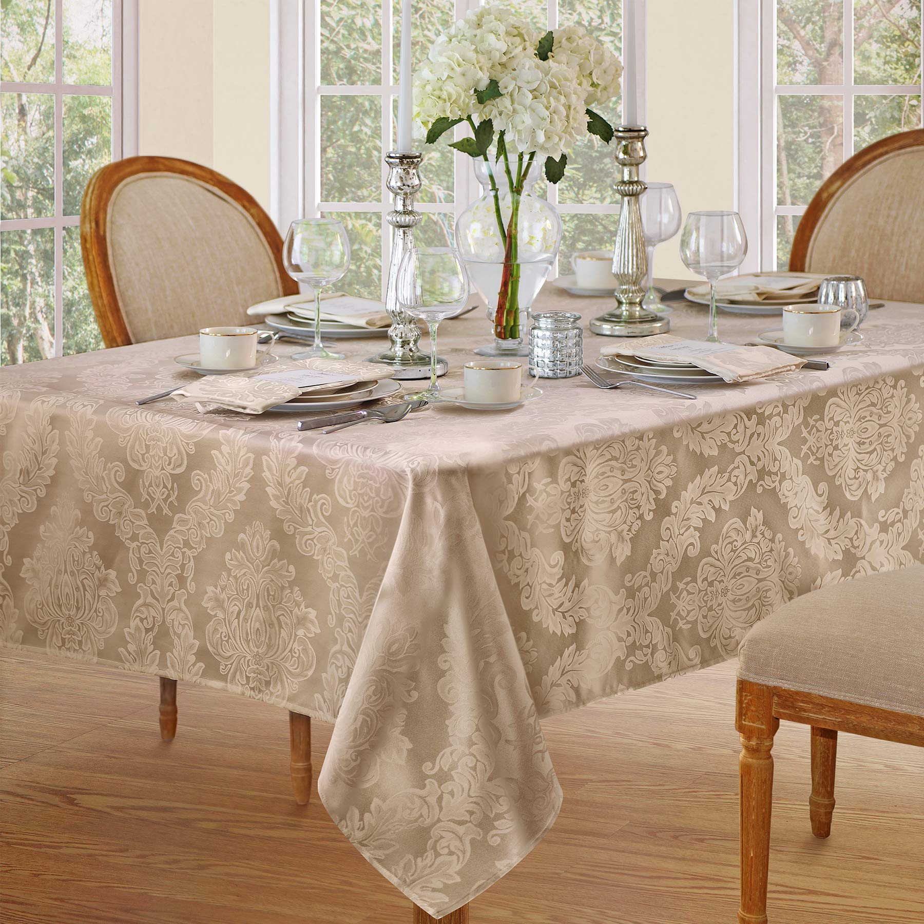Newbridge Barcelona Luxury Damask Fabric   100% Polyester  No Iron  Soil Resistant Dining Room  Party Banquet and Holiday Tablecloth  52 Inch x 52 Inch Square  Golden Beige