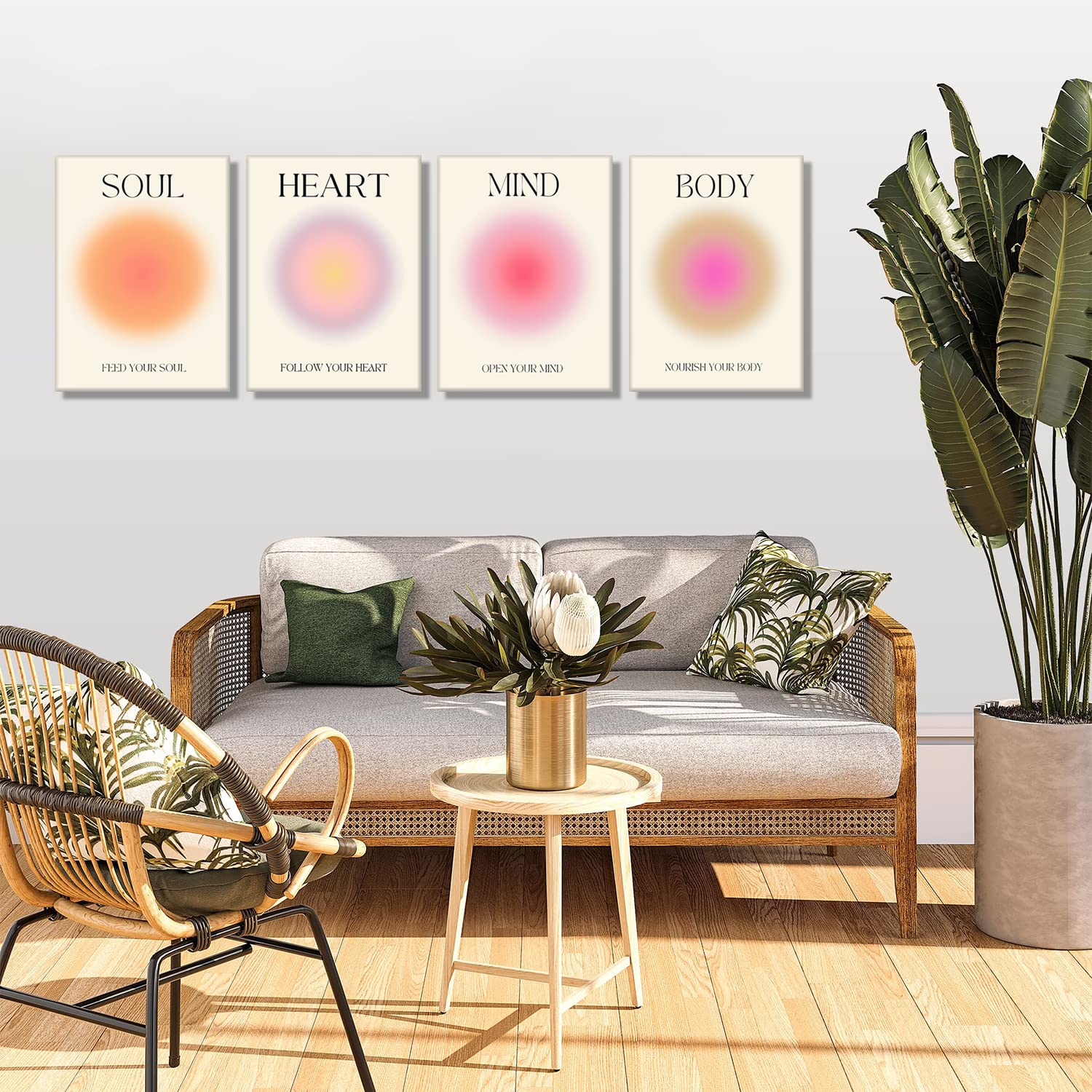 Framed Art Angel Halo Aesthetics Poster Set Of 4 Pieces Colorful Aura Gradient Canvas Wall Art Spirit Soul Quote Print Painting