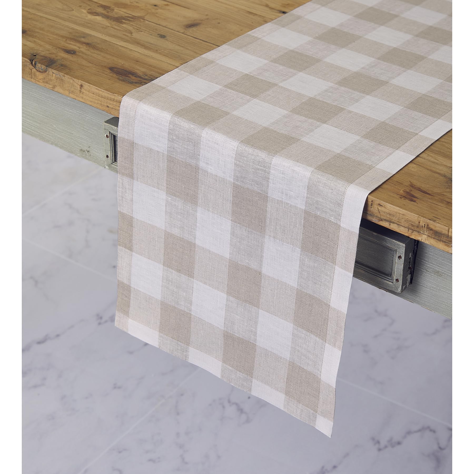 Solino Home Linen Check Table Runner 72 Inches Long - 100% Pure Linen Natural And White Buffalo Plaid Table Runner 14 X 72 Inch