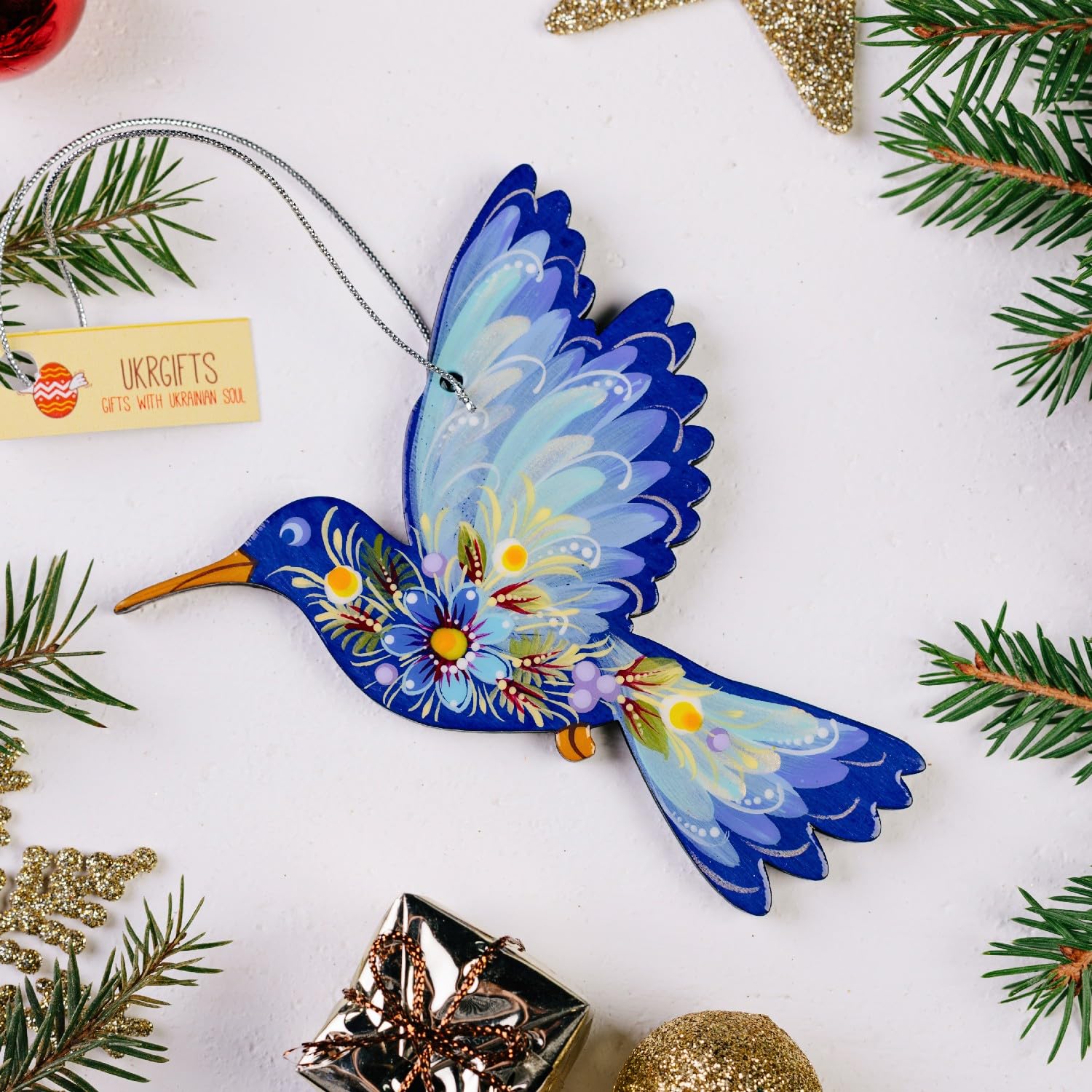 Humminbird Christmas Ornament Made of Wood Hand-Painted Ukrainian Folk Art - Petrykivka Painting