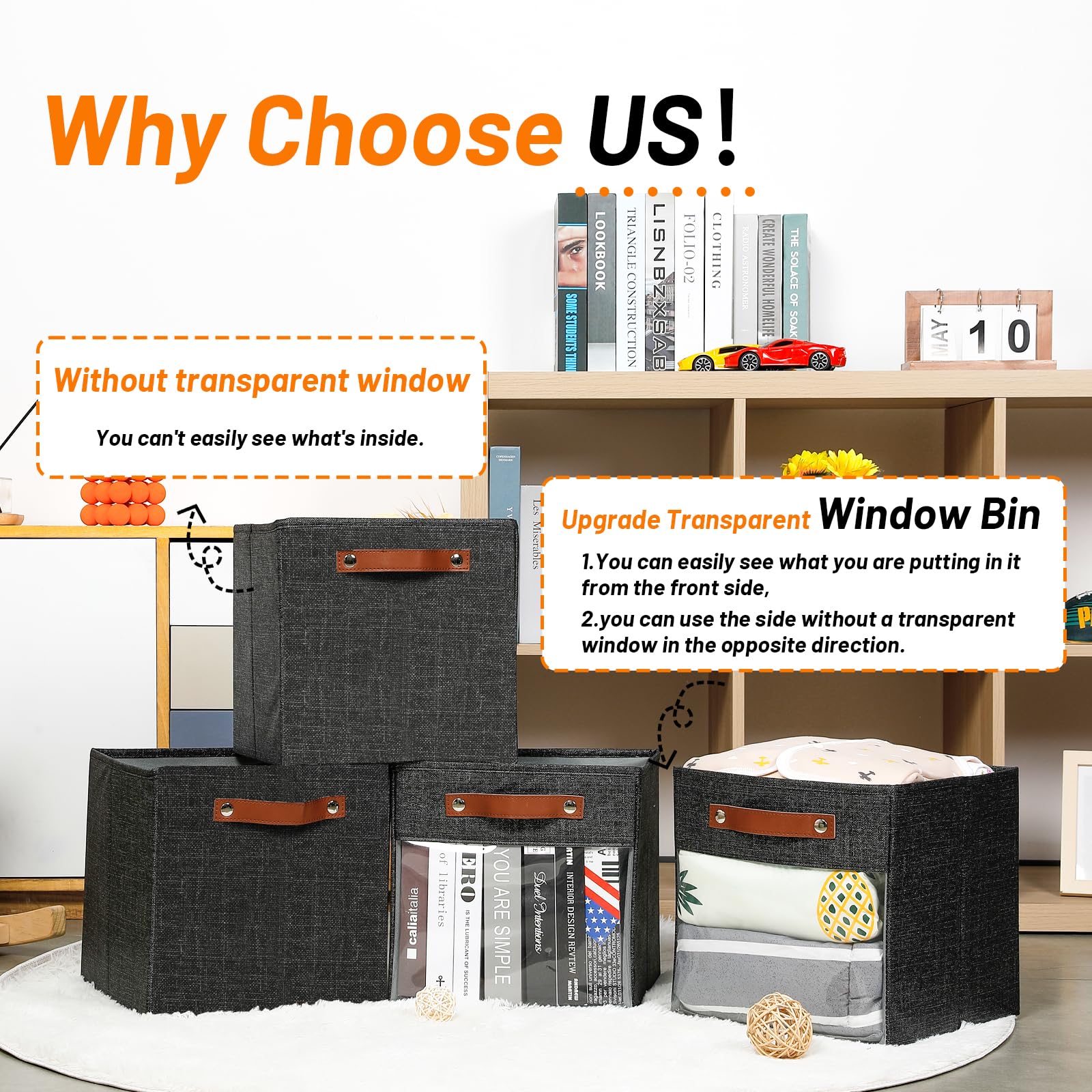 Hnzige Cube Storage Bins 11 X 11 With Clear Window,Foldable Fabric Storage Bin For Shelves, Canvas Cube Storage Bin For Organizi