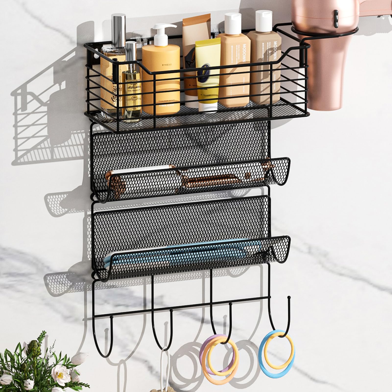 Vitviti Metal Hair Tool Organizer Wall Mount, Hair Dryer Holder With 3 Tier Shelf Basket Hooks, Bathroom Hair Styling Tool Organ