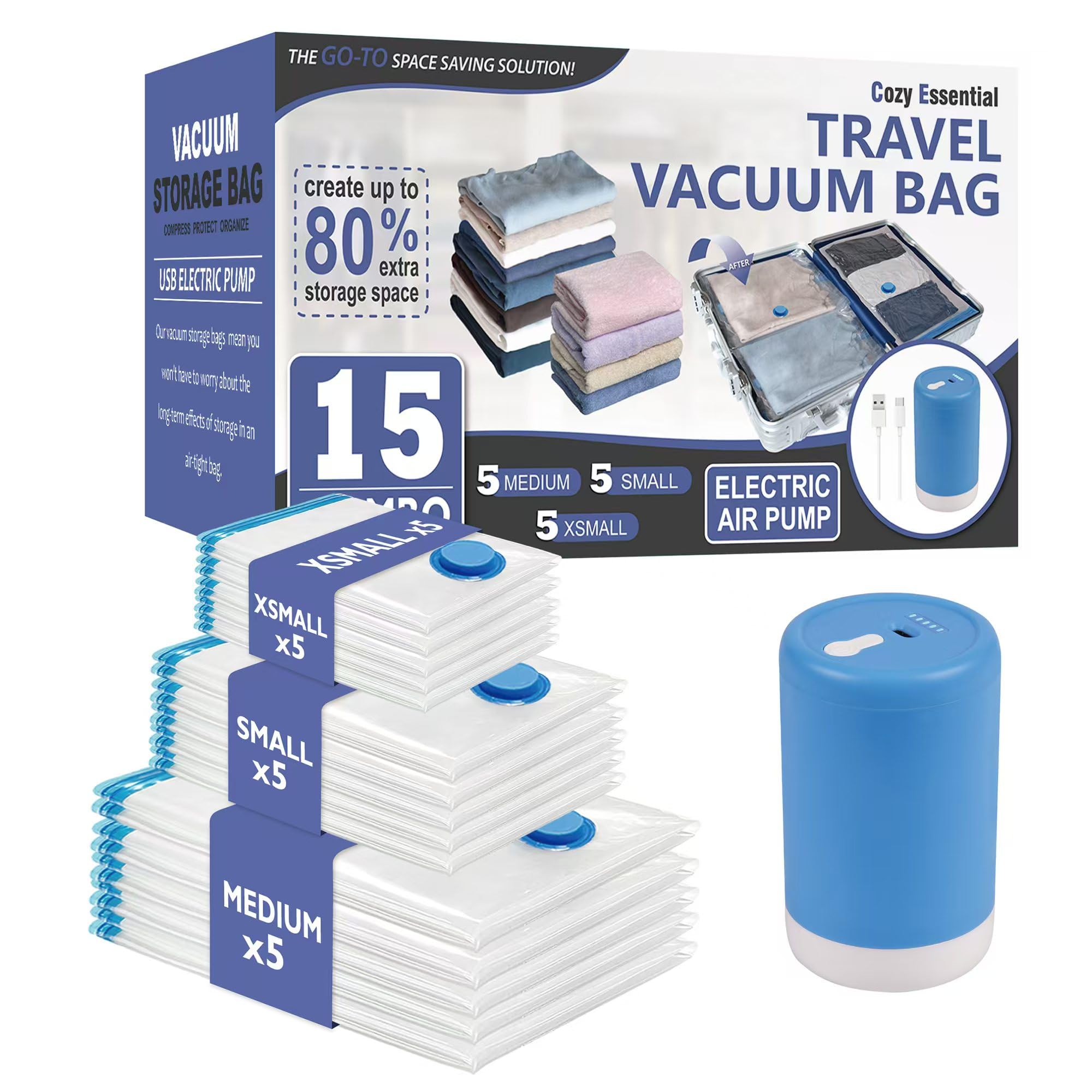 Cozy Essential 15 Pack Travel Vacuum Storage Bags with Portable Electric Pump, Suitase Vacuum Seal Space Saver Bags for Clothing
