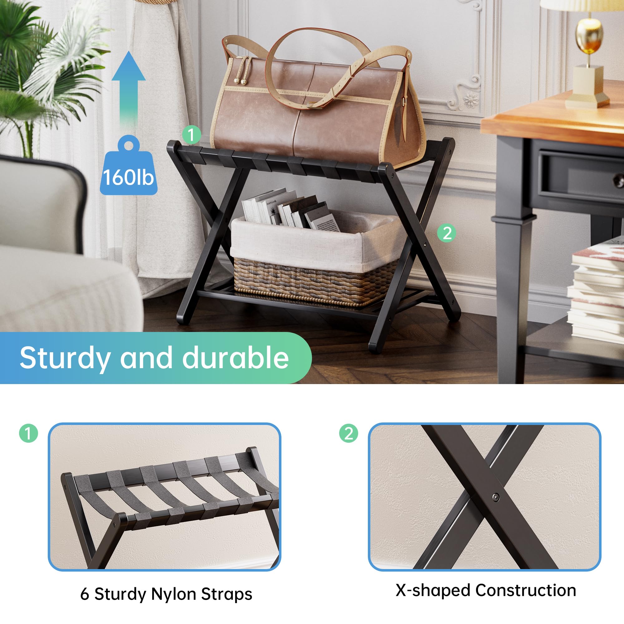 Smibuy Luggage Rack, Foldable Bamboo Suitcase Stand With Storage Shelf For Guest Room, Bedroom, Hotel, Heavy-Duty, 1 Pack (Black