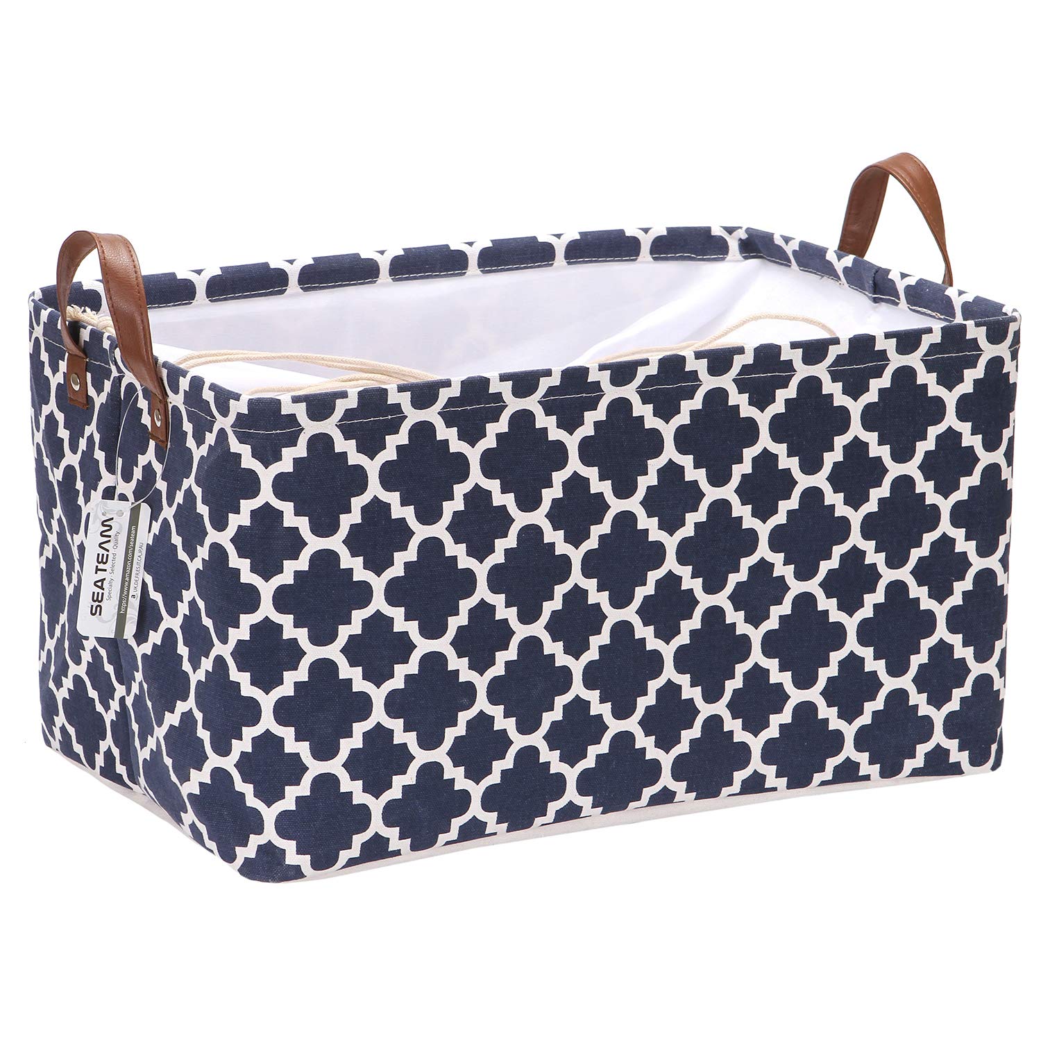 Sea Team Moroccan Lattice Pattern Canvas Fabric Storage Basket Collapsible Geometric Design Storage Bin with Drawstring Cover an