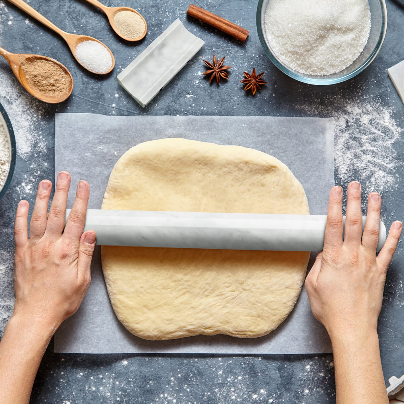 Heshibi Marble Rolling Pin With Stand, 15.7'' White Stone French Heavy Polished Non Stick Cookie Pizza Pastry Dough Baker Roller