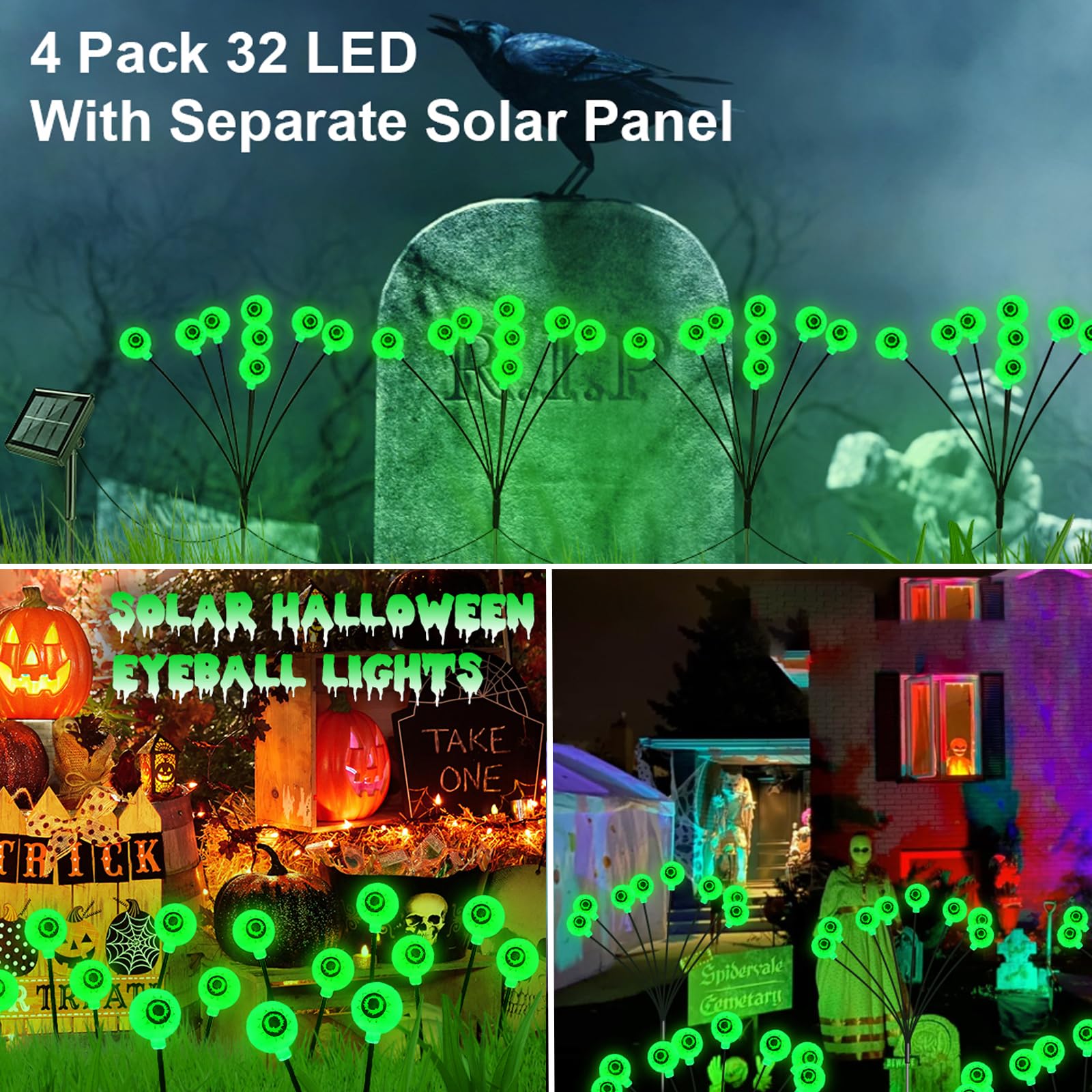 Solar Eyeball Lights Outdoor Waterproof 4 Pack 32 LED Halloween Eyeball Lights 8 Modes Scary Spooky Eyeballs Swaying Green Solar