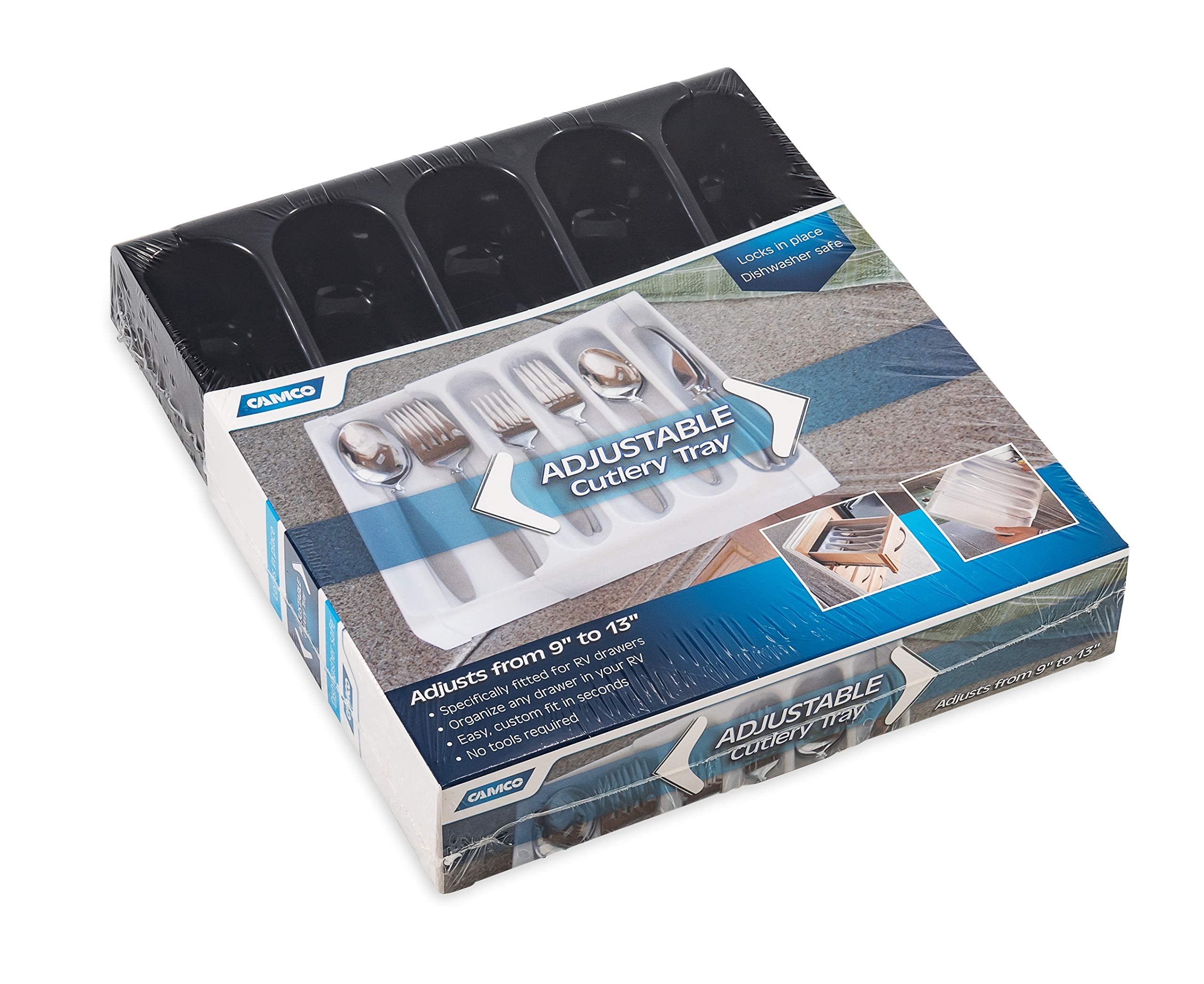 Camco 43504 Rv Adjustable Cutlery Tray, Black - Easily Organize And Store Your Kitchen Flatware - Create A Custom Fit To Your Dr