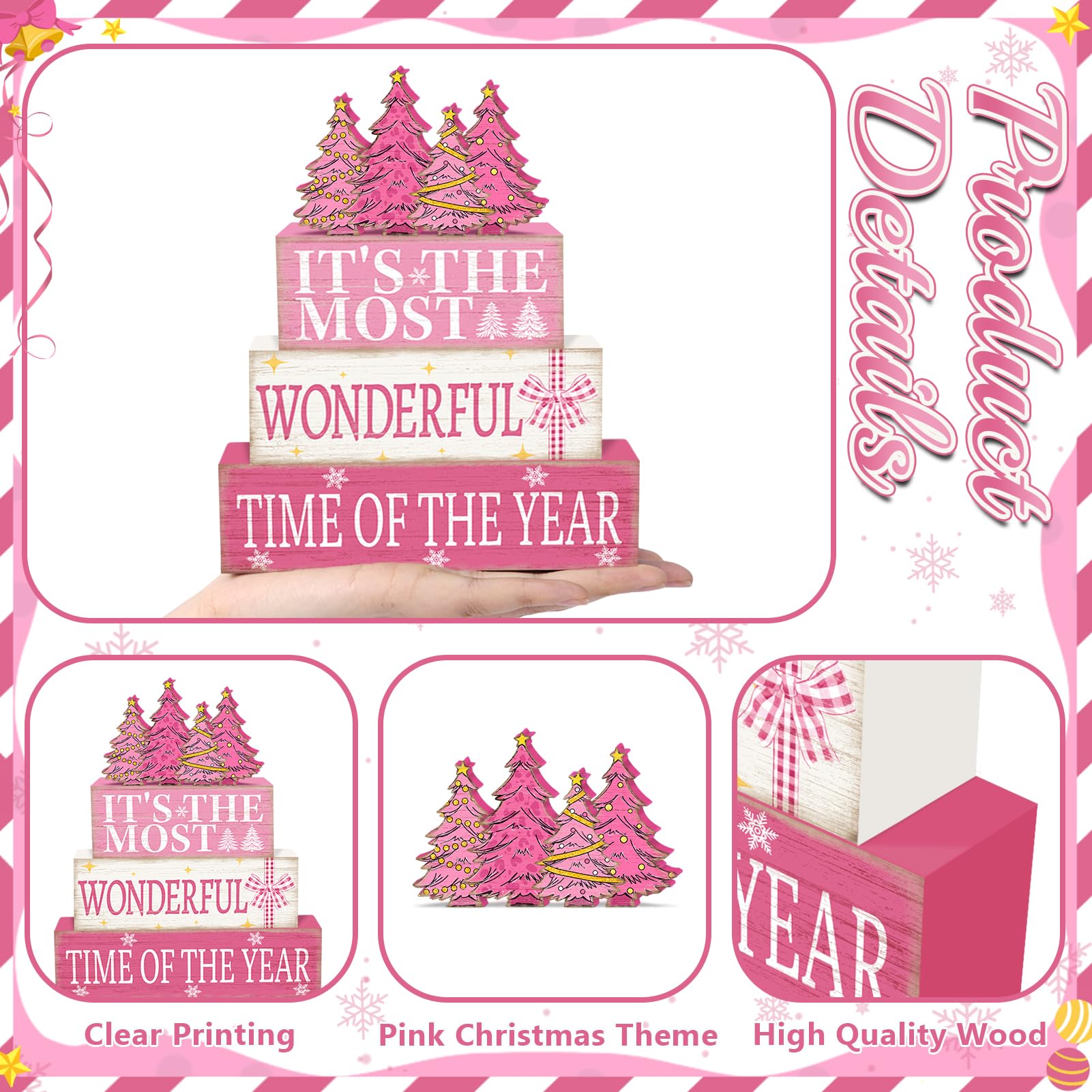 Britimes 4 Pcs Pink Christmas Table Decor Wooden Tiered Tray Sign, Farmhouse Rustic Holiday Decorative Book Stack Block Wonderfu