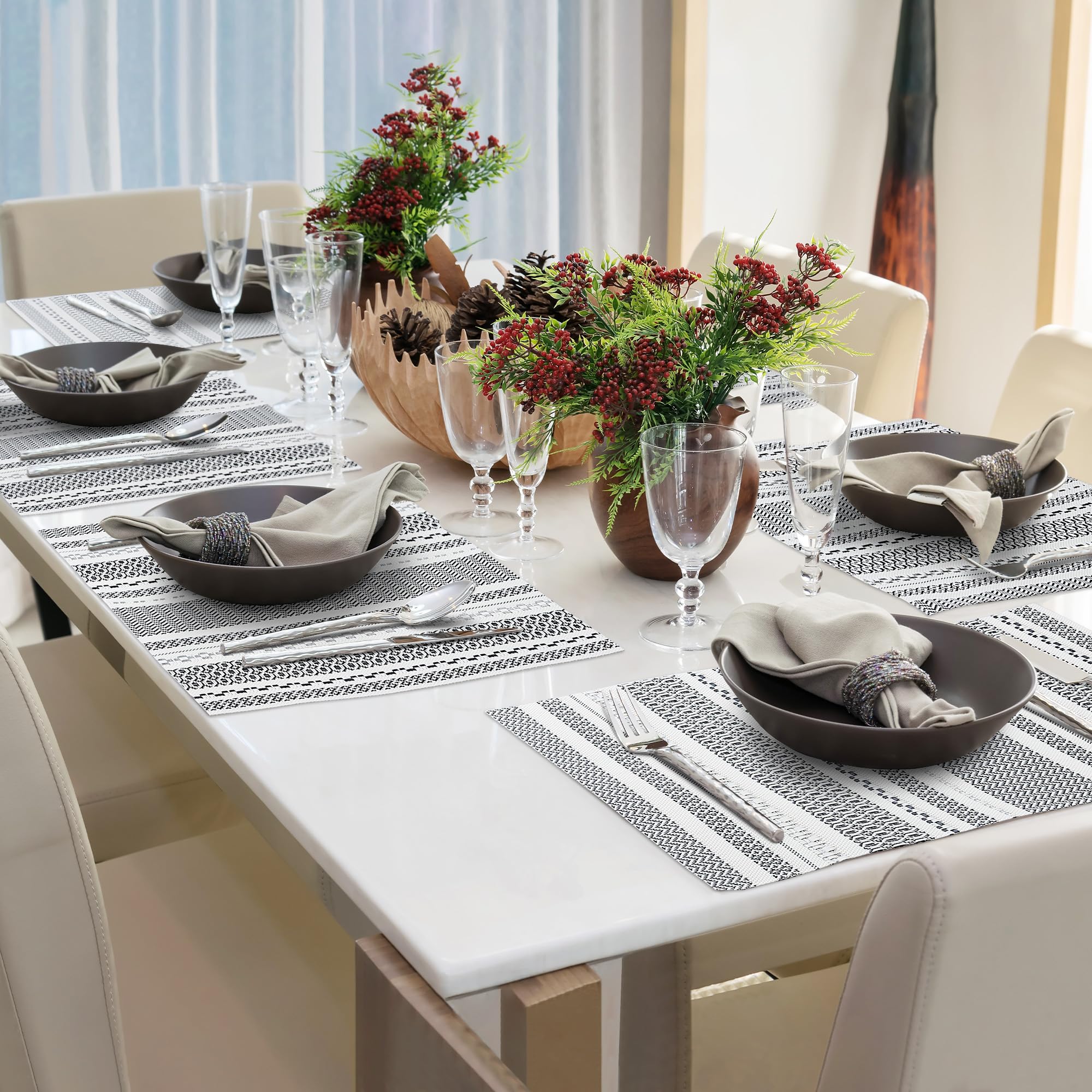 Fanquare Sliver Striped Placemats 6 Pack Nordic Style Washable Place Mats Vinyl Woven Heat-Resistant Kitchen Table Mats Indoor &