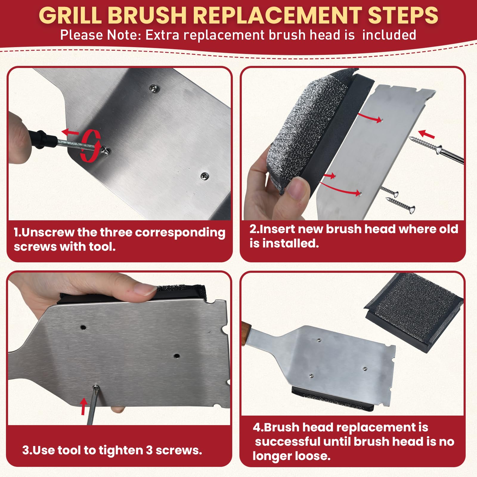 Matscover Grill Brush BBQ Cleaner with Stainless Steel Scraper, Wooden Handle, Replacement Head - First Generation, Bristle-Free Design