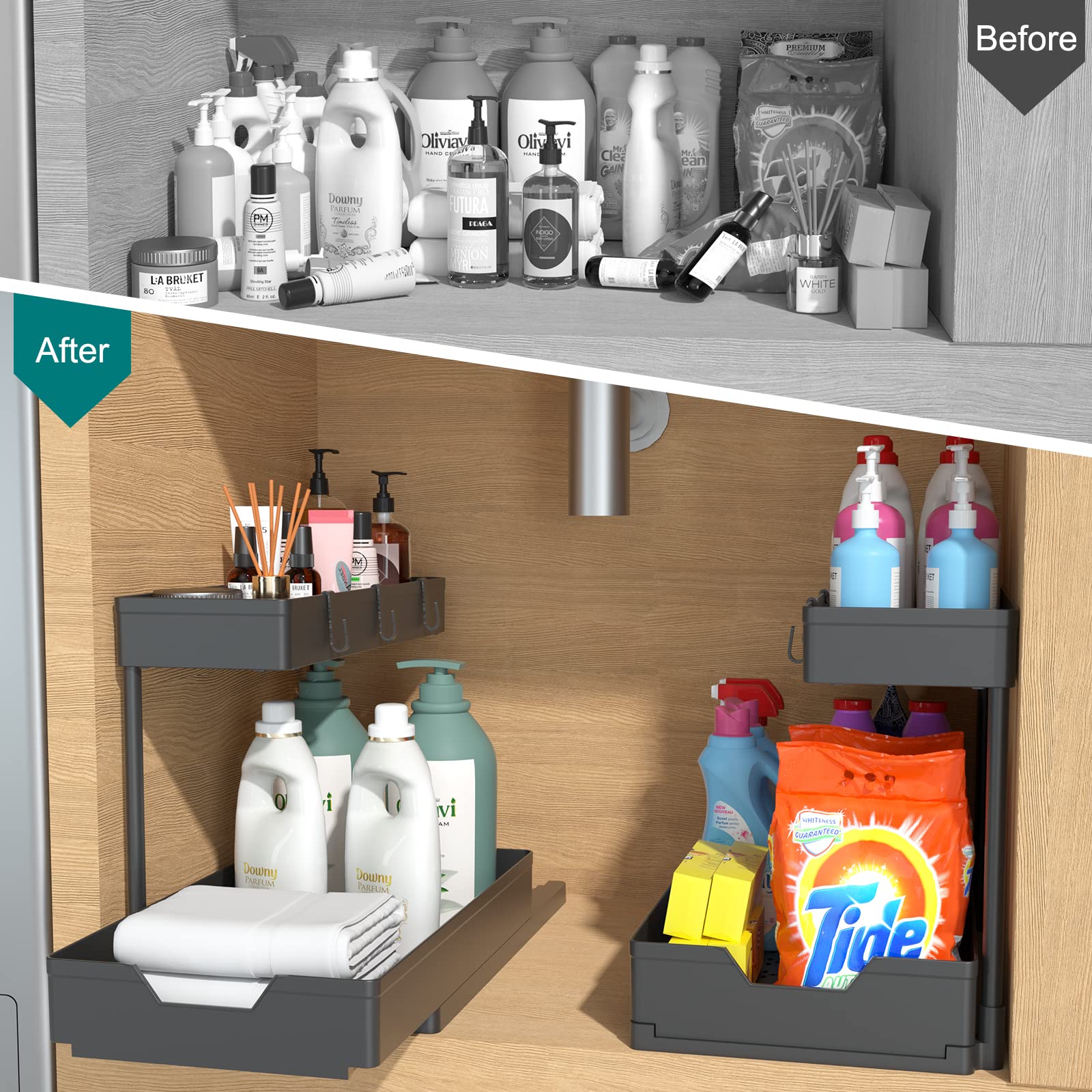 2-Tier Under Sink Organizers, 2 Pack Sliding L-Shape Cabinet Organizers Narrow Space Storage Multi-Purpose Sink Organizer For Ba
