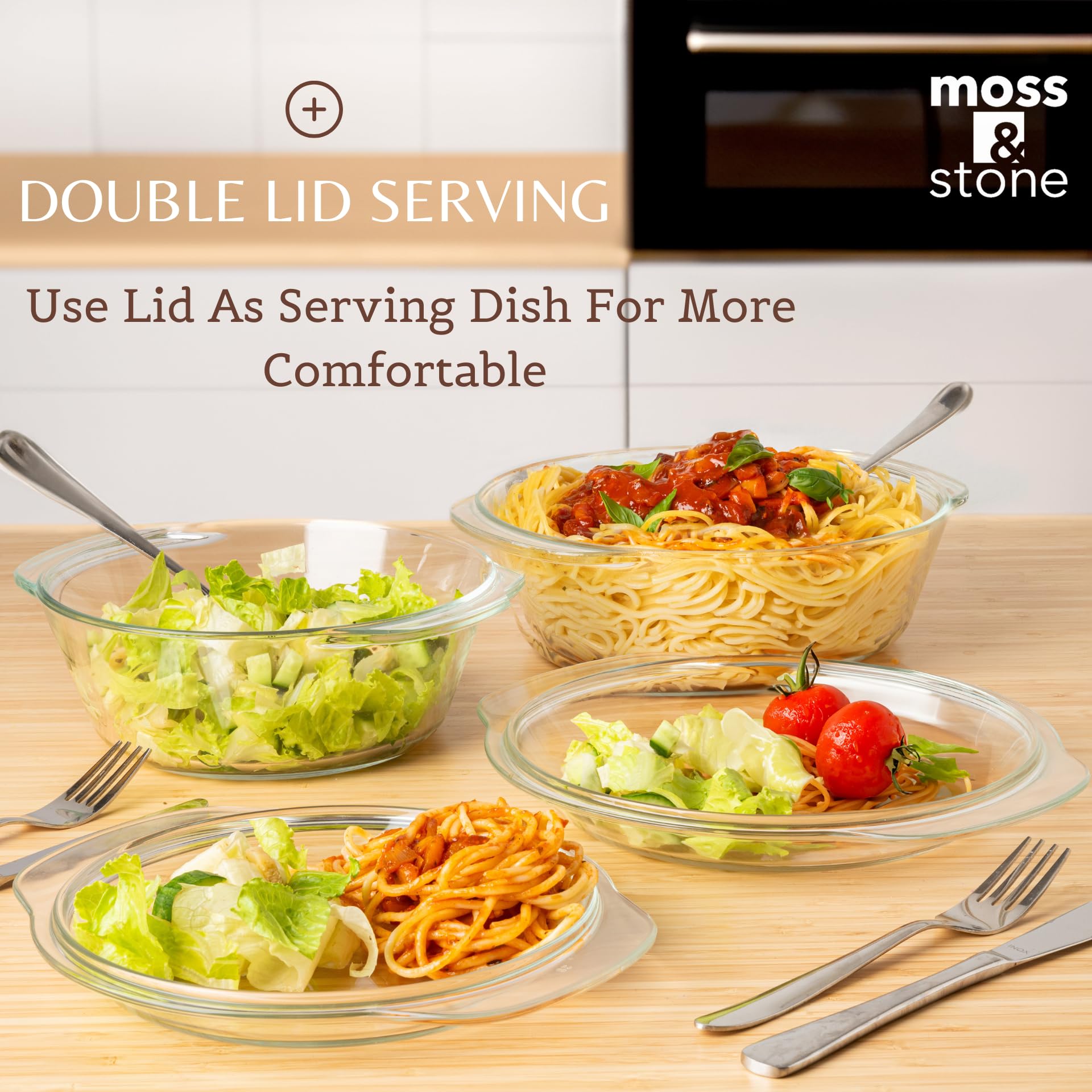 Moss & Stone Basics 6-Piece Clear Glass Casserole Dishes For Oven With Lids, Durable Borosilicate Glass Bakeware Set, Glass Bowl
