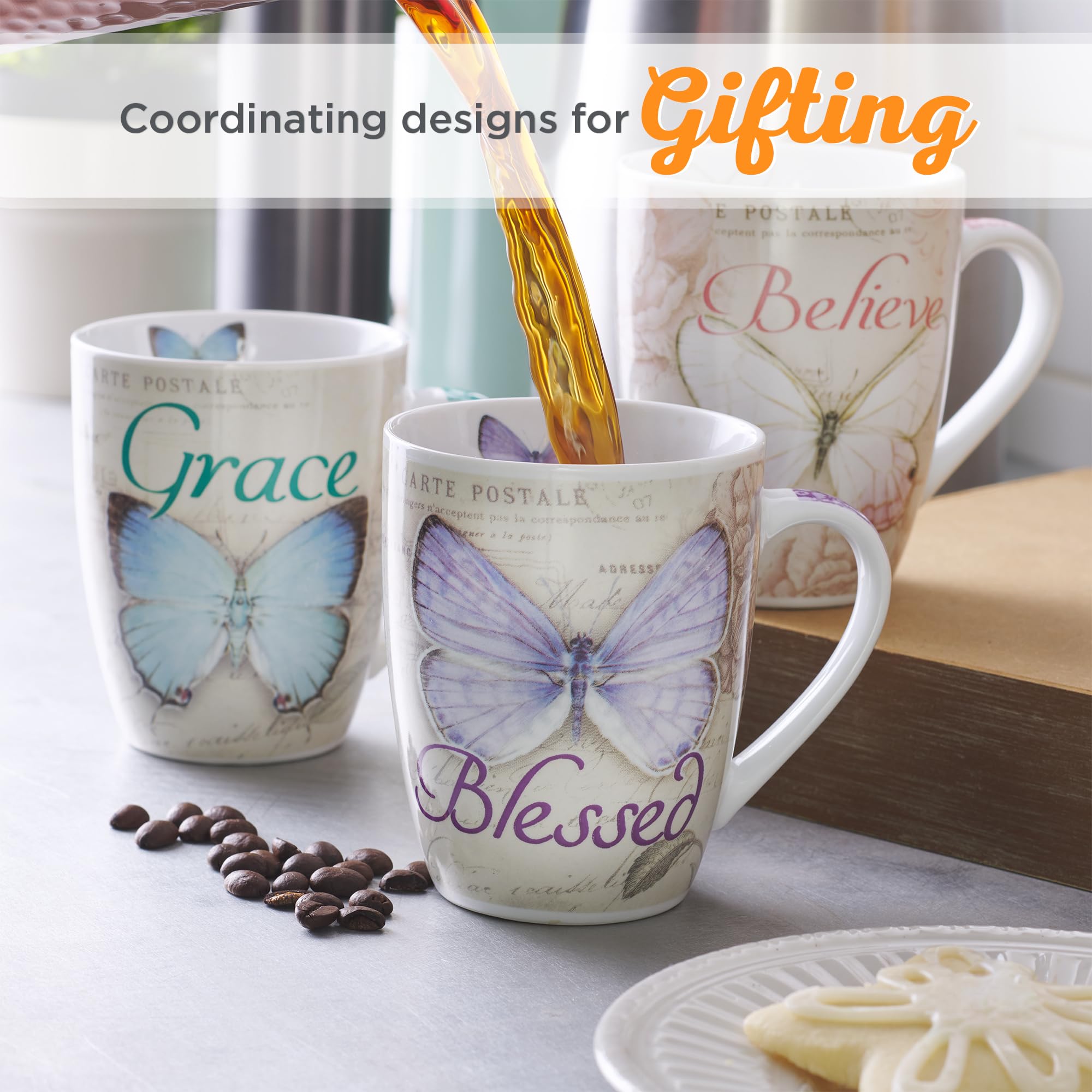 Christian Art Gifts Botanic Butterfly Blessings Coffee/Tea Mug Set W/Scripture Teal Grace Butterfly, Purple Blessed Butterfly, P