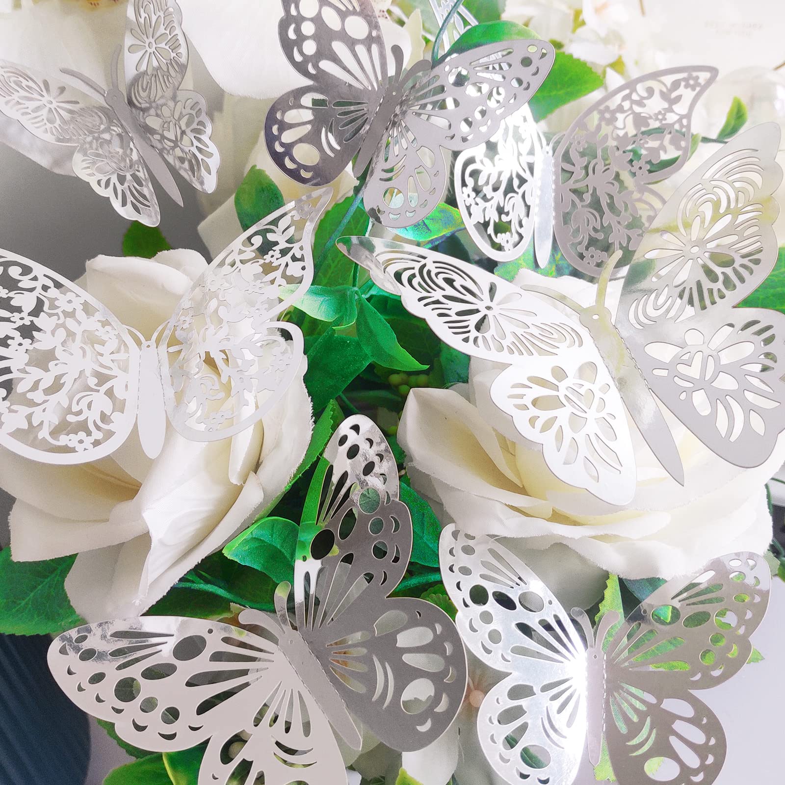 Nelotaor 36 Pcs Butterfly Wall Decor, 3 Styles 3 Sizes 3D Butterfly, Silver Butterfly, Wedding Decorations, Birthday Party Decor