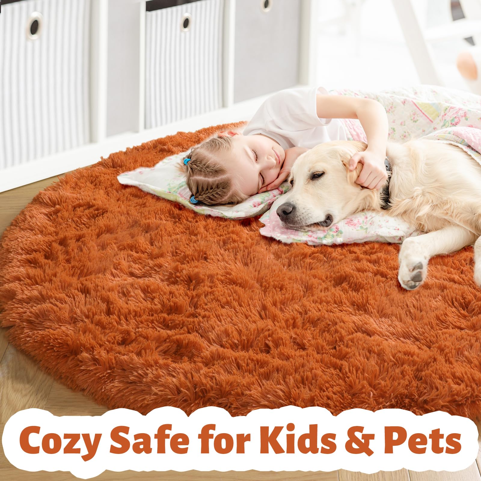 Amdrebio Burnt Orange Round Circle Rug 6Ft for Bedroom Living Room, Fluffy Shaggy Furry Fuzzy Area Rugs for Kids Room Decor Aest