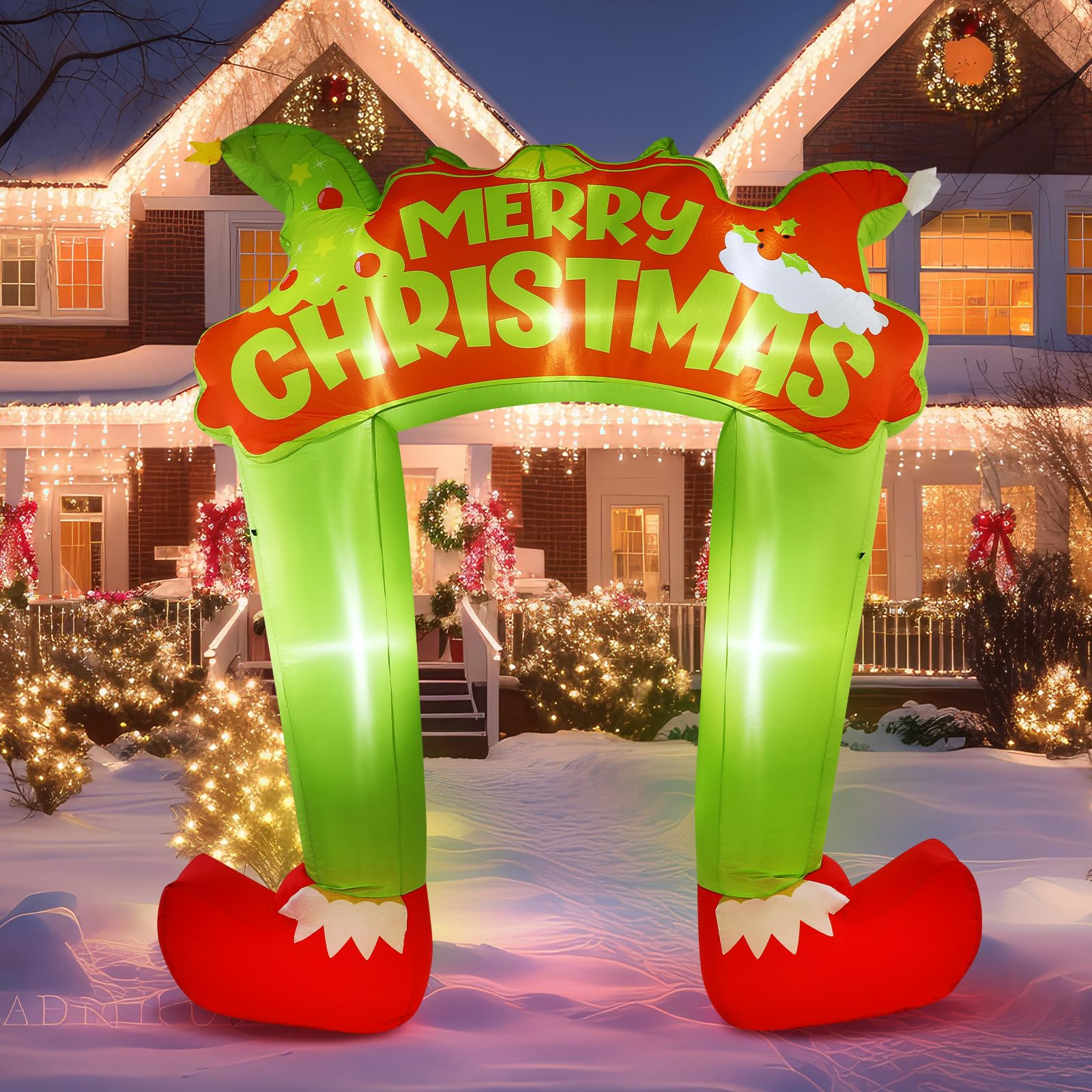 Lenwen 10 ft Christmas Green Furred Troublemaker Inflatable Arch Decoration Xmas Green Big Monster Leg Inflatables Archway with