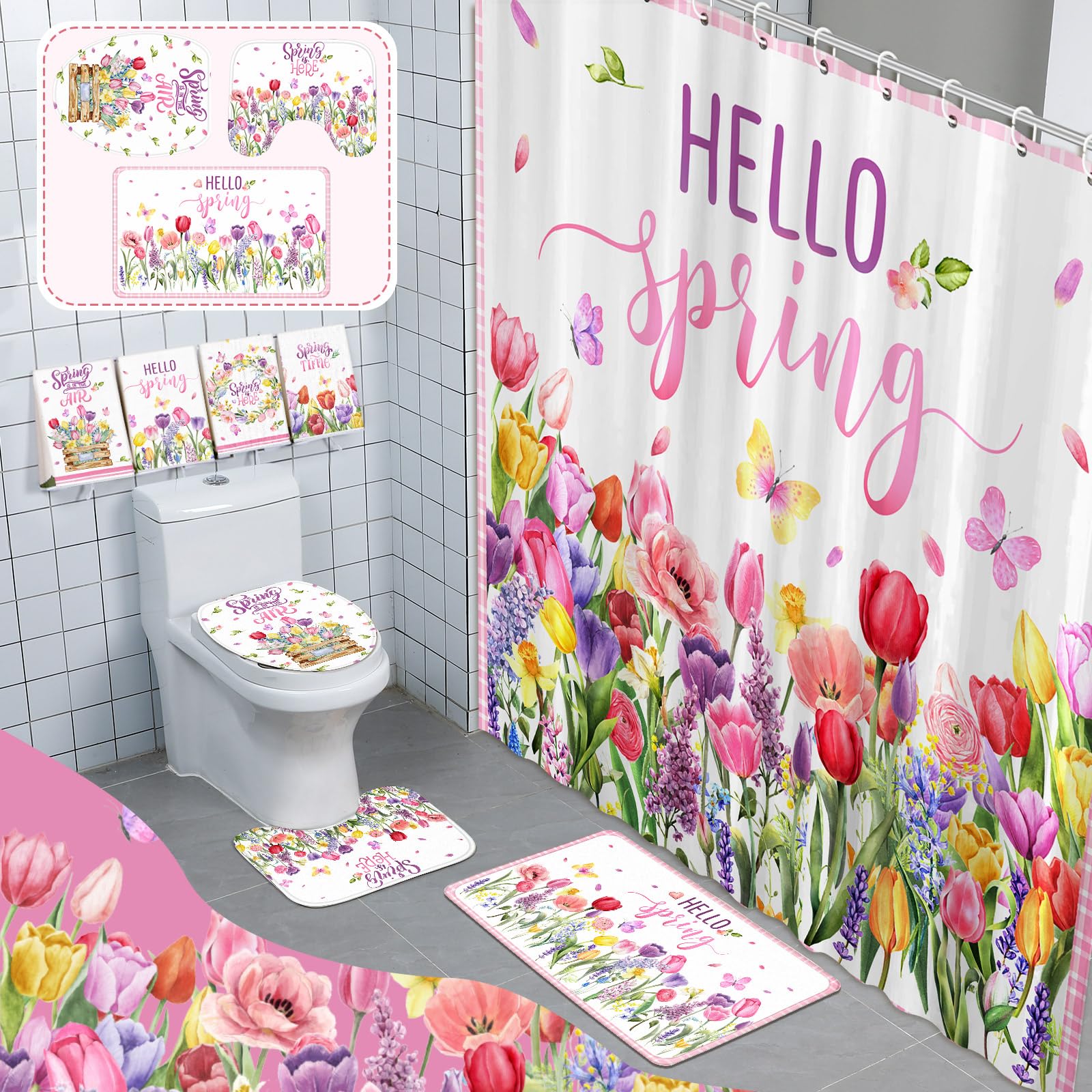 Fuweave 8 Pcs Easter Shower Curtain Set Includes Waterproof Shower Curtain 4 Easter Towels Non Slip Rug Toilet Lid Cover Bath Ma