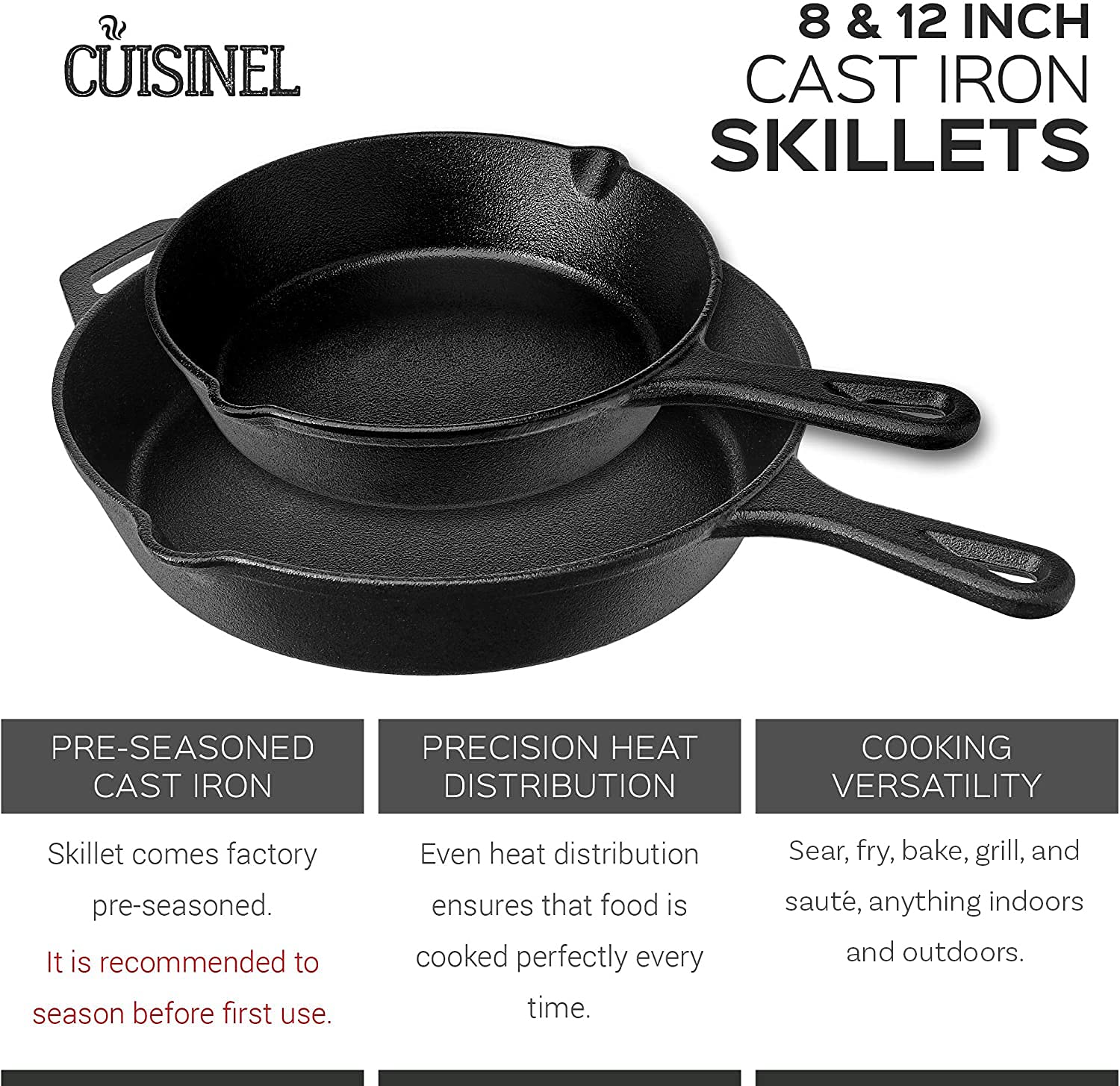 Pre-Seasoned Cast Iron Skillet Set (8-Inch and 12-Inch) Oven Safe Cookware - Heat-Resistant Holders - Indoor and Outdoor Use - G