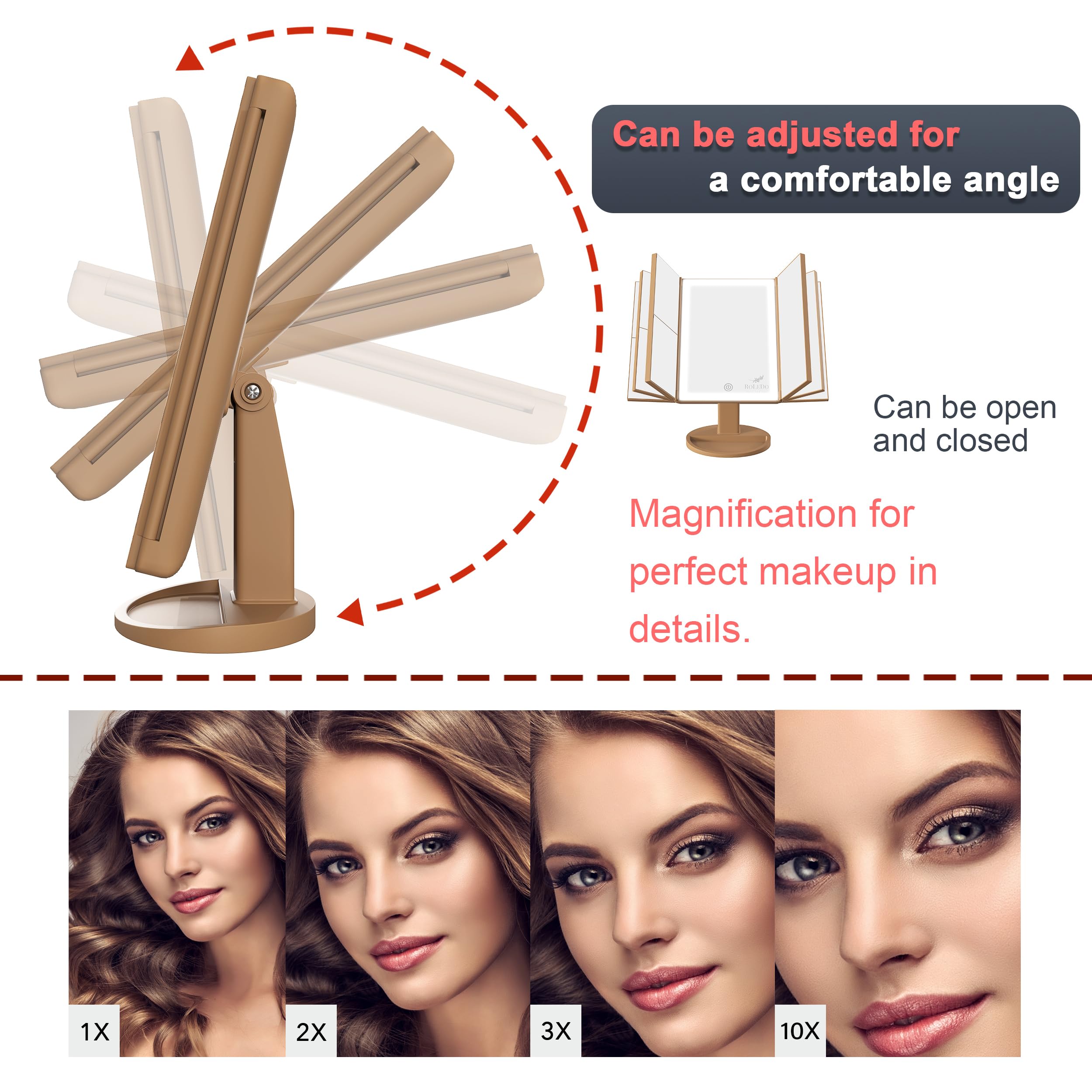 Roledo 3 Folds Lighted Vanity Makeup Mirror, 72 Led Makeup Mirror With Lights, 2X/3X/10X Magnification, Touch Screen 3 Color Lig