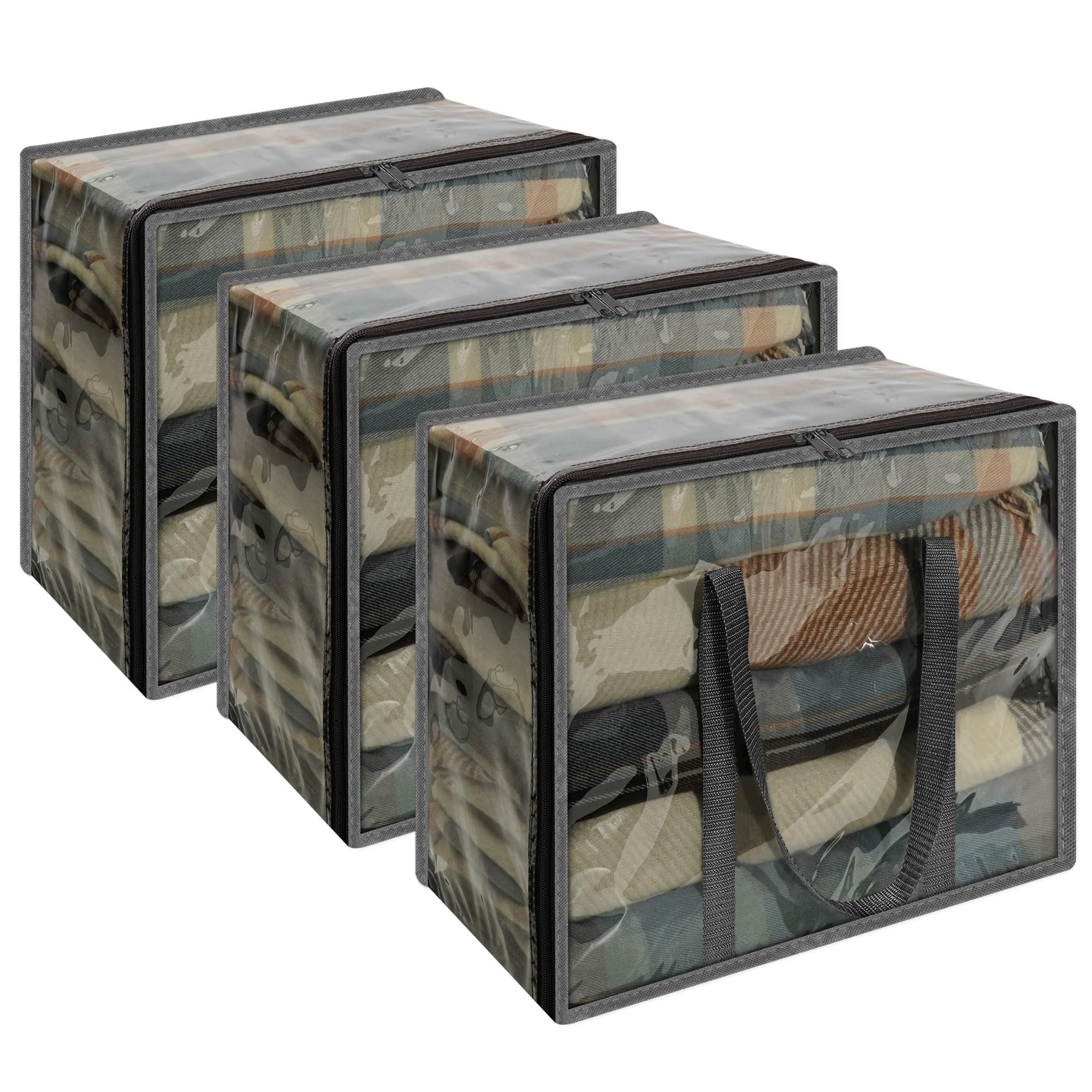 Vieshful Grey 40L Clear Clothes Storage Bag with Zipper 3 Pack Colorful Clothes Organizer Vinyl Storage Bag for Comforter, Blank