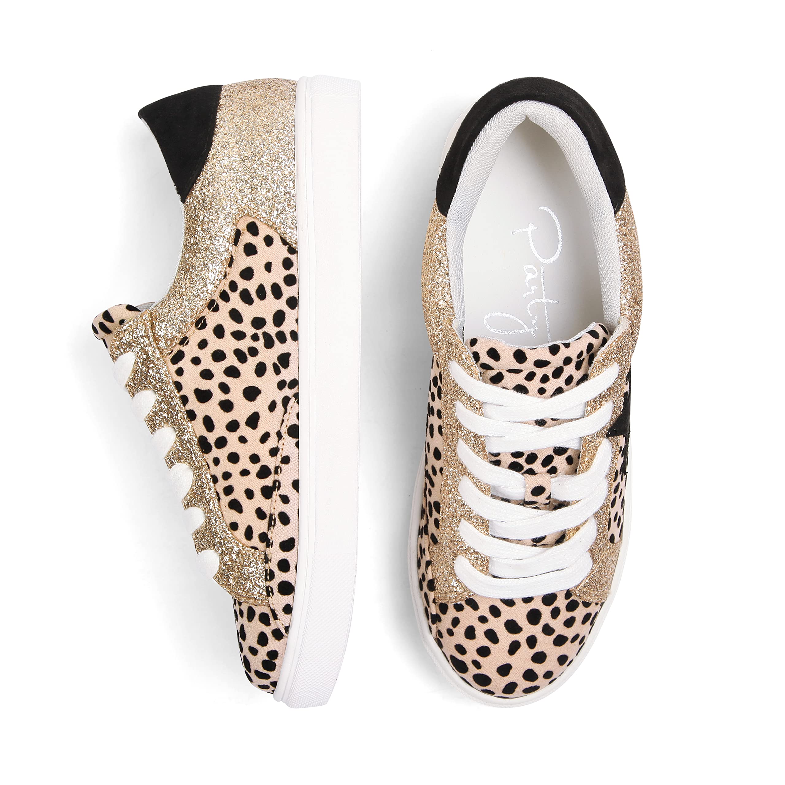 Party Womens Fashion Star Sneaker Lace Up Low Top Comfortable Cushioned Walking Shoes, Myles-Cheetah Glitter-8