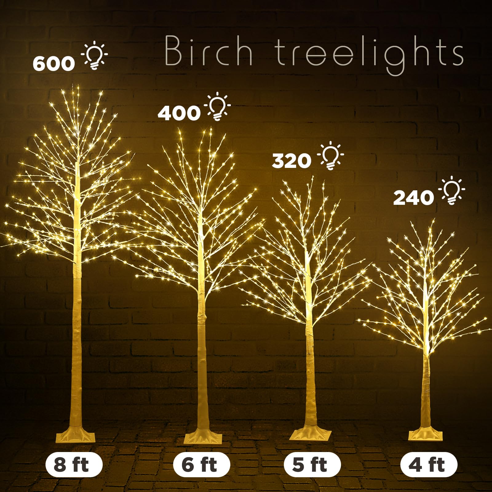 Baquler 8 Pack Lighted Birch Tree - 4 5 6 8 Large Christmas Warm-White LED 8 Mode Light Birch Tree Decoration Set for Thanks