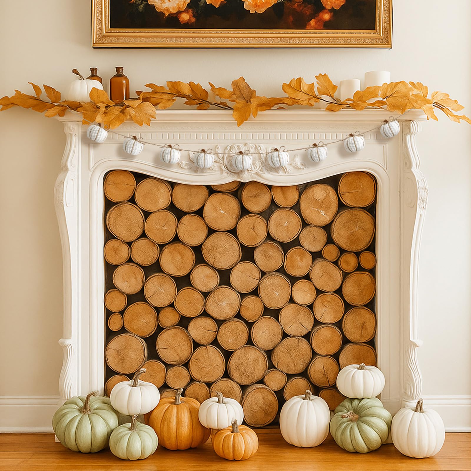Mindsoft 8.2 ft Fall White Knit Pumpkin Garland Decor Halloween Faux Fall Harvest Crochet Pumpkins Banner Pre Assembled Hanging