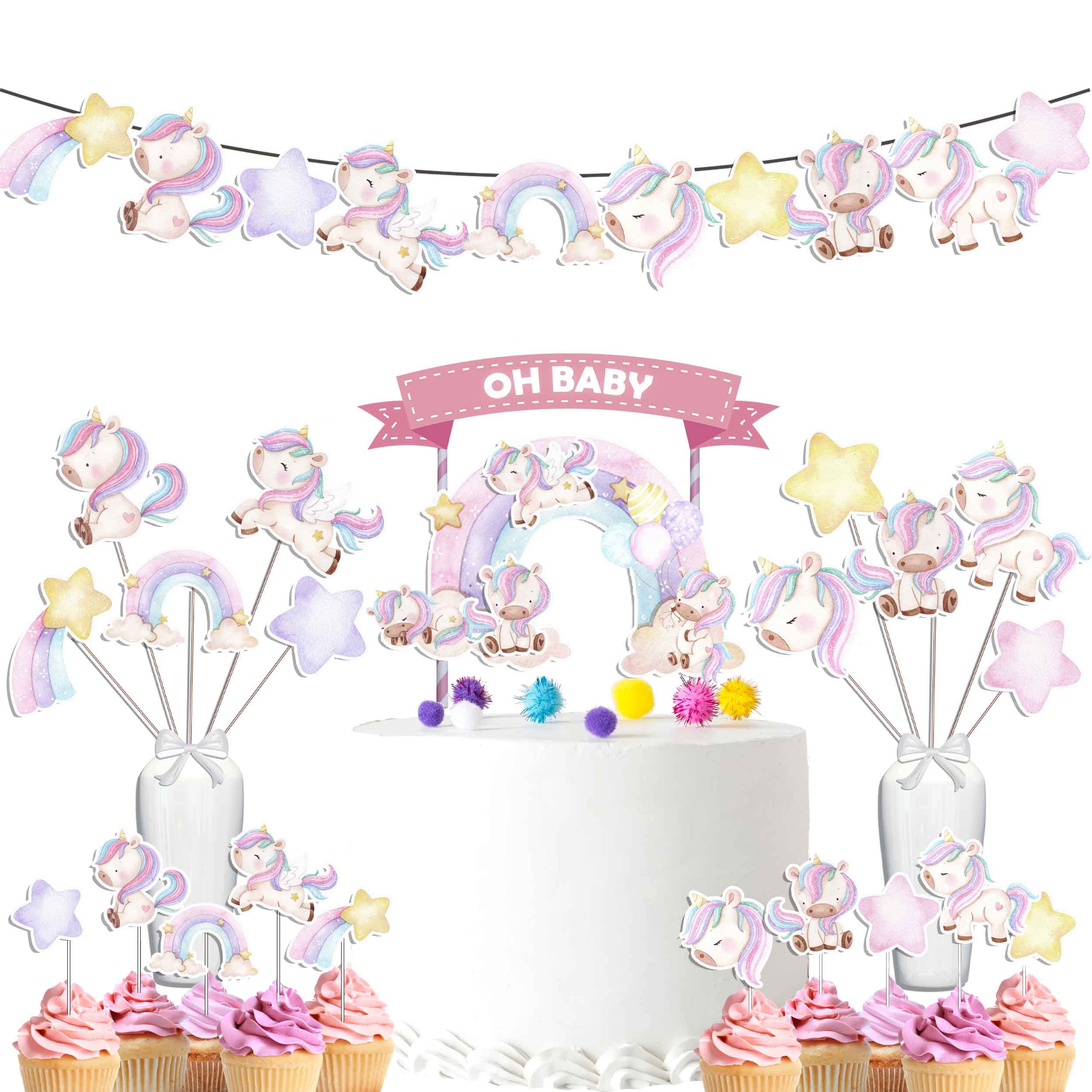 Enchanting Unicorn Pastel Baby Shower Set - Complete With Cake Topper, Cupcake Toppers, Table Centerpieces, And Banner!