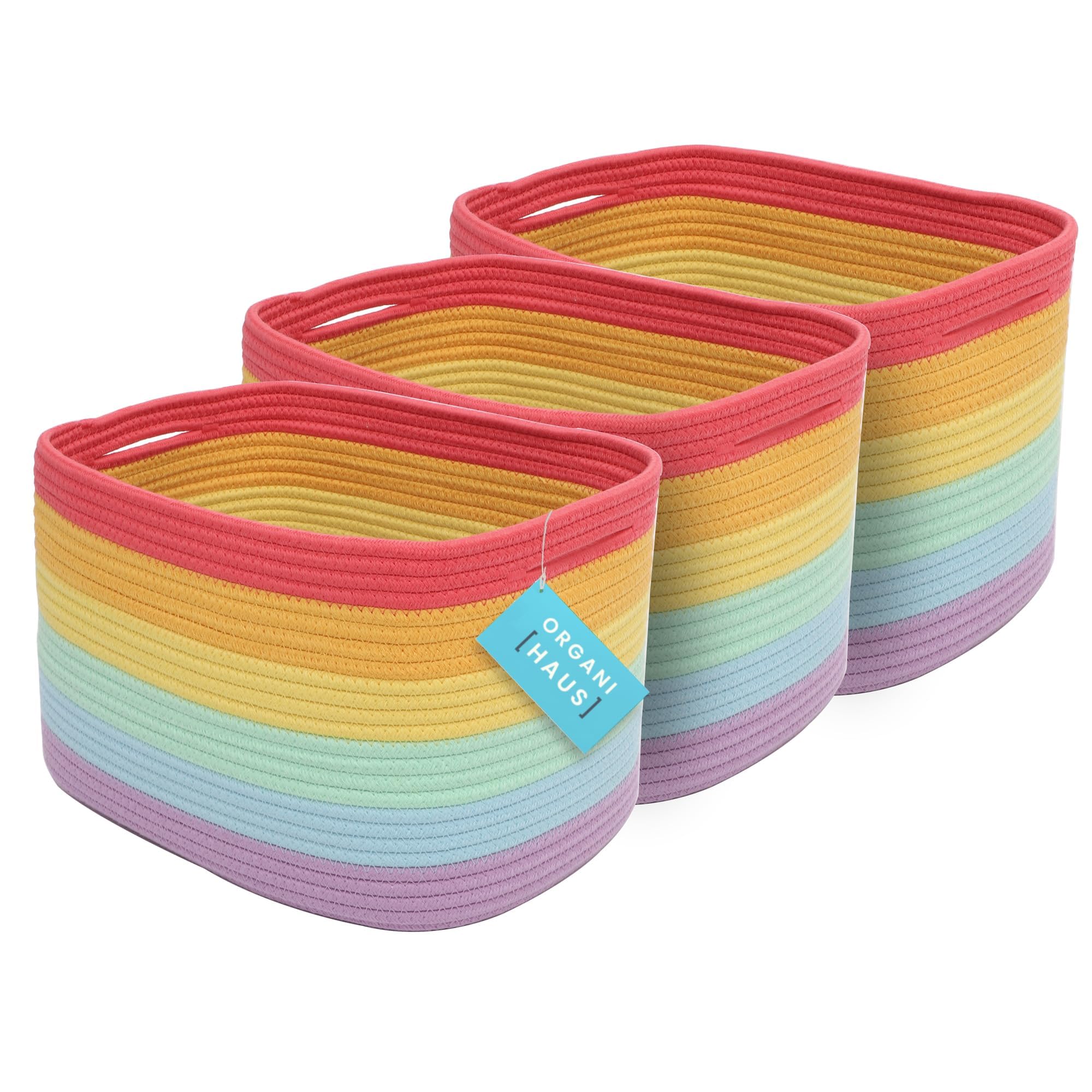 OrganiHaus 3-Pack Rope Rainbow Storage Baskets for Shelves | for Classroom and Nursery | Storage Bins & Toy Organizer for Baby Room