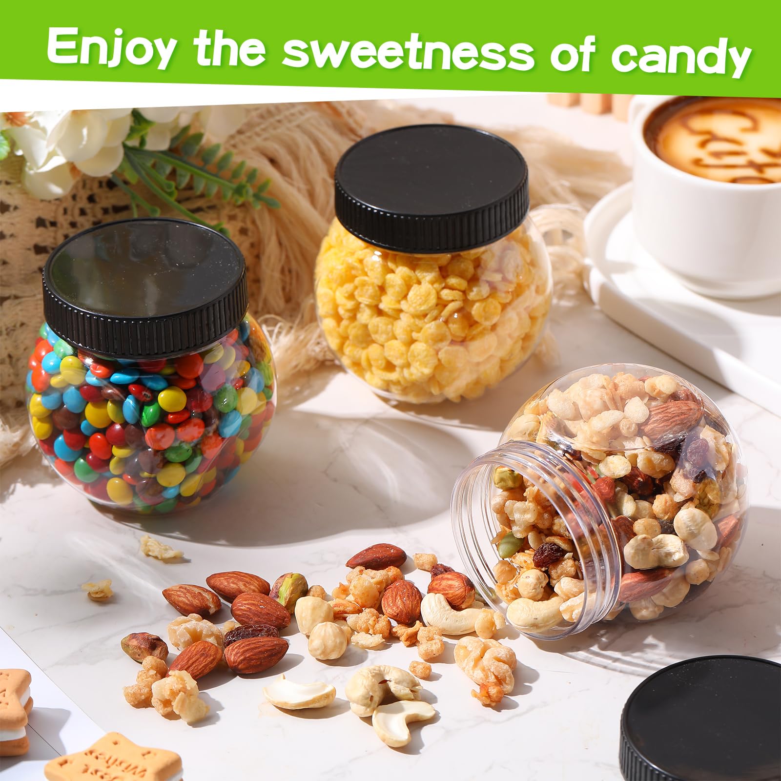 Tradder 24 Pcs Plastic Candy Jars With Lids 8.5 Oz Side Cookie Jar Bulk Kitchen Counter Clear Cookie Container Wide Mouth Candy