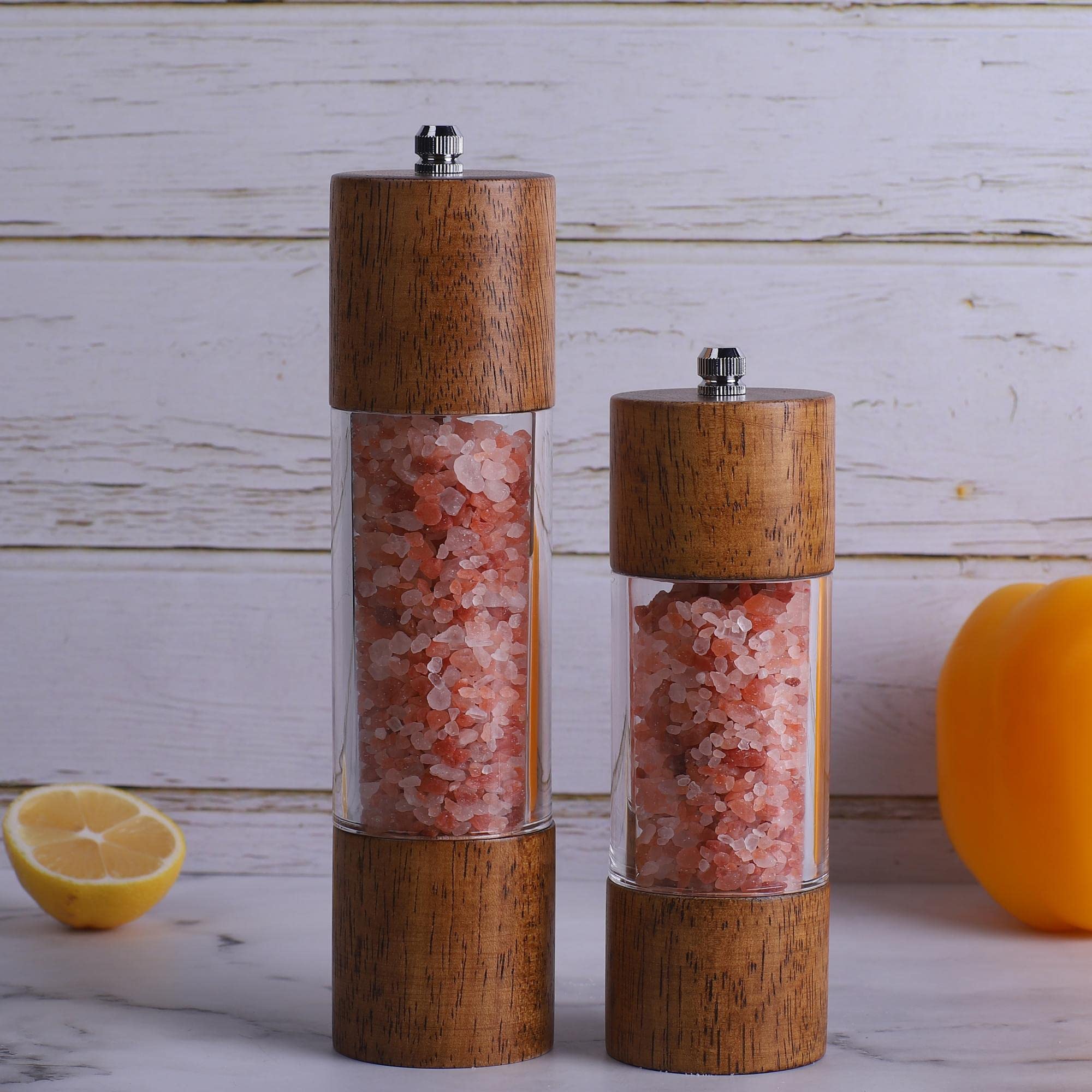 Wooden Salt And Pepper Grinder, 8 Inches Manual Pepper Mills, Wood Shakers With Glass Window, Refillable Hand Spice Dispenser Fo