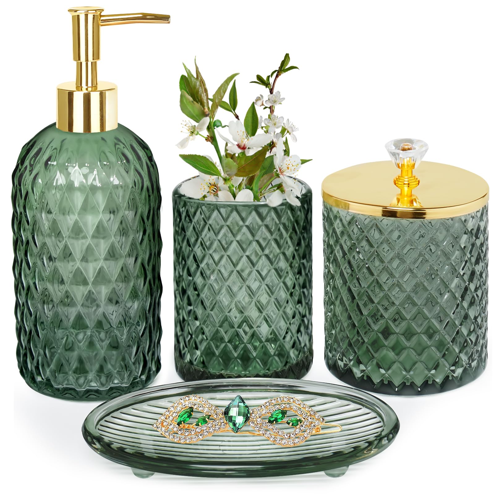 Bathroom Accessories Set, 4Pcs Sage Green Glass Bathroom Accessory Set Complete W/Lotion Soap Dispenser, Toothbrush Holder, Qtip