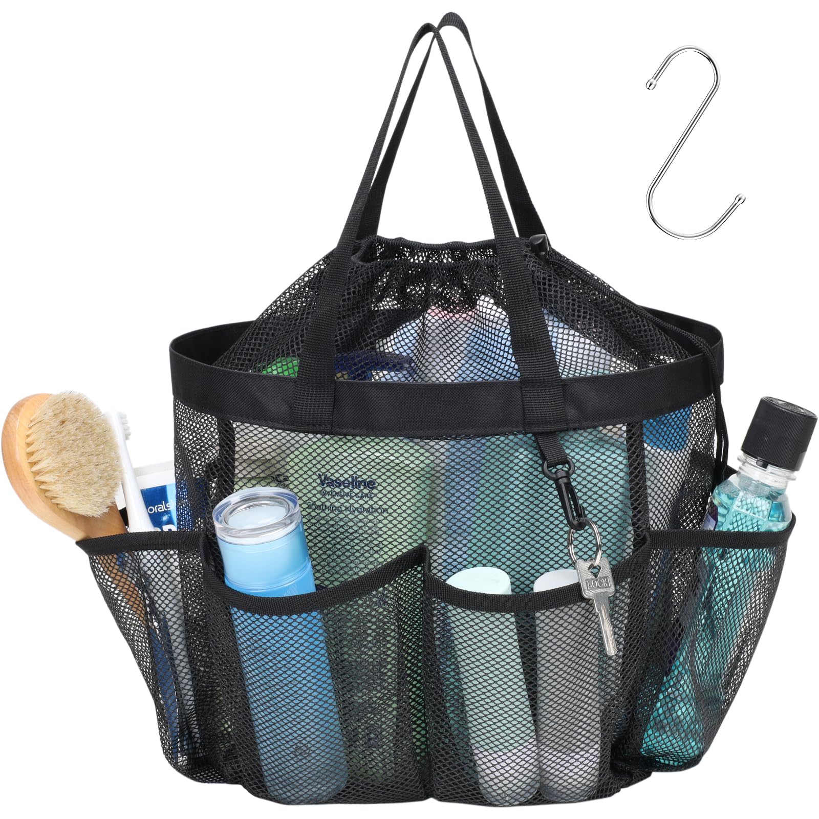 F-Color Mesh Shower Caddy Portable With Drawstring - Upgrade Deeper 7 Pockets Dorm Room Essentials For Guys Girls With S Hook, S