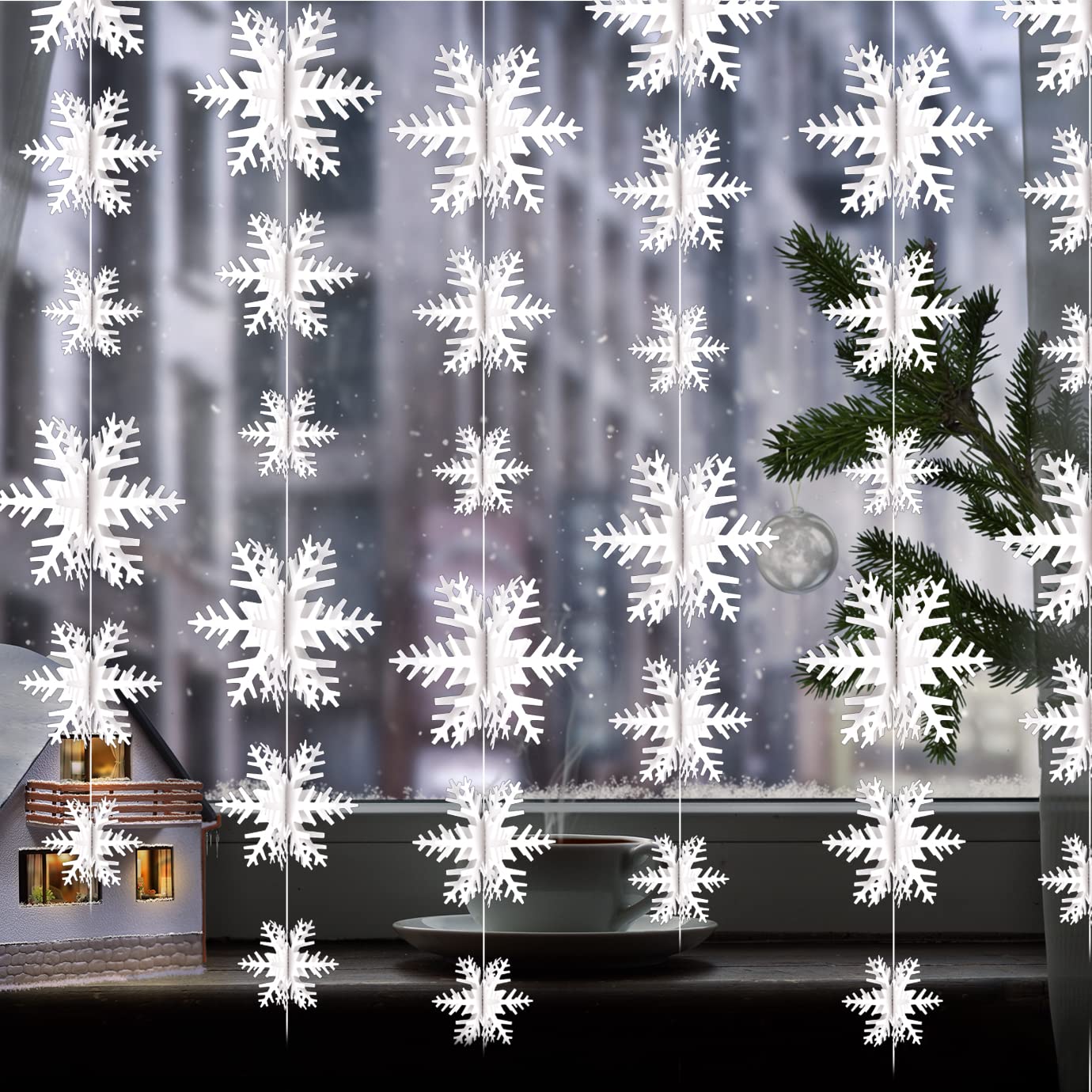 WXJ13 Christmas Hanging Snowflake Decorations, 2 Pack White 3D Snowflake Garland for Winter Xmas Home Decor